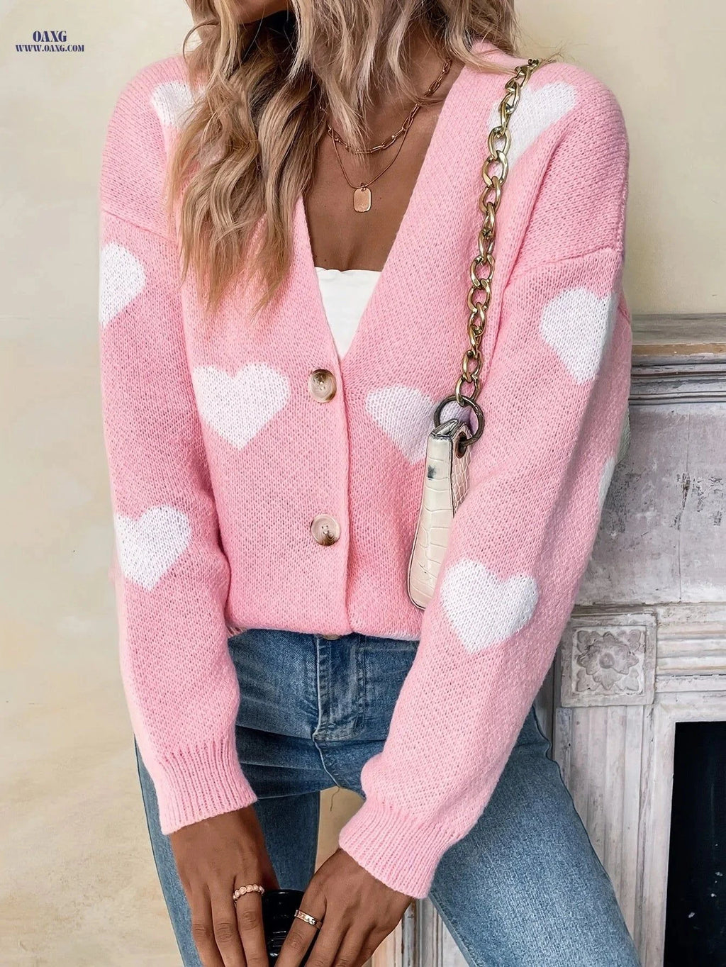 OAXG Heart Pattern V-neck Cardigan Sweater - Elegant Knit Design   OAXG Pink / S