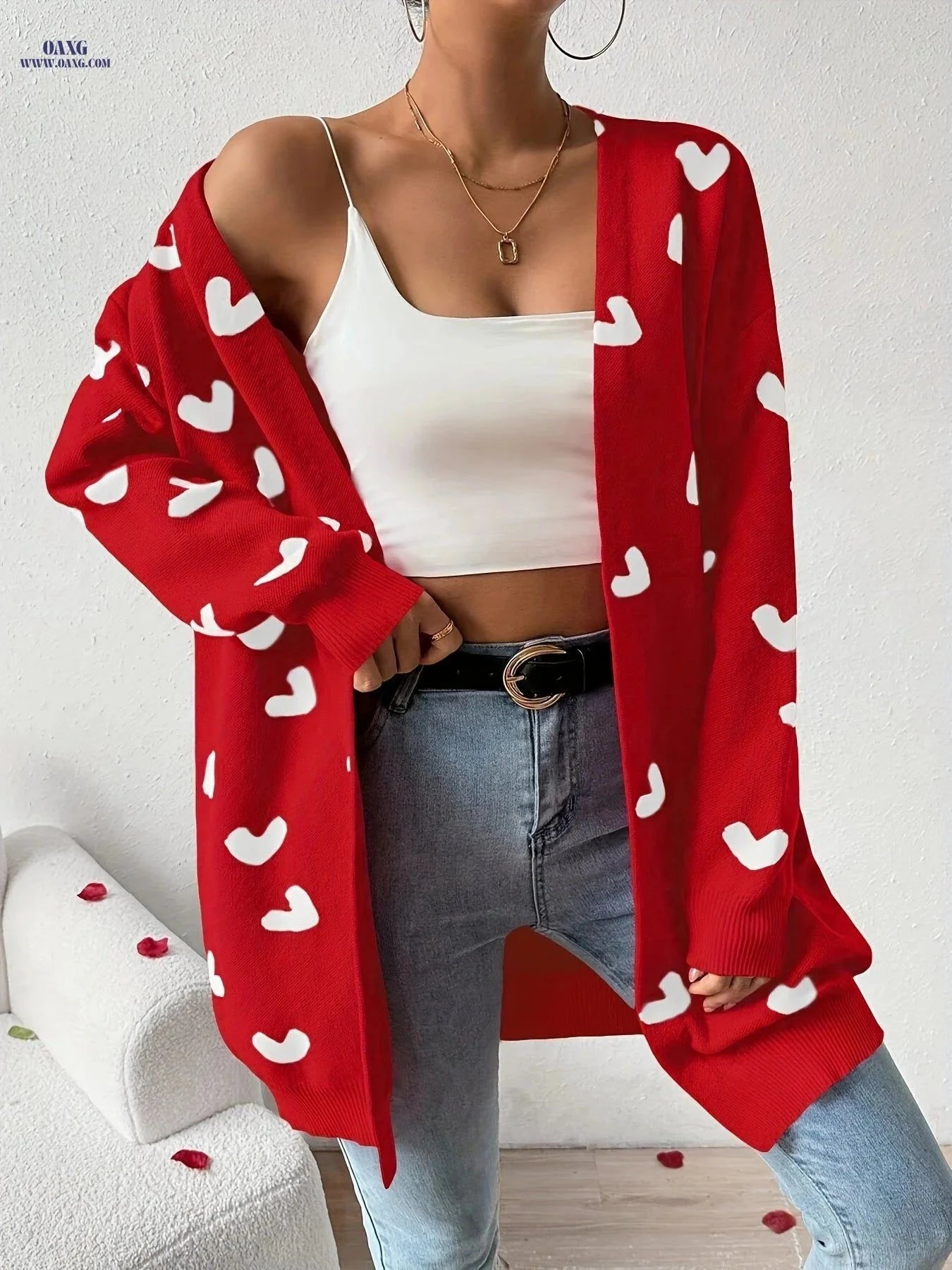 OAXG Heart-Patterned Cardigan - Elegant Valentine’s Day Style   OAXG Red / S