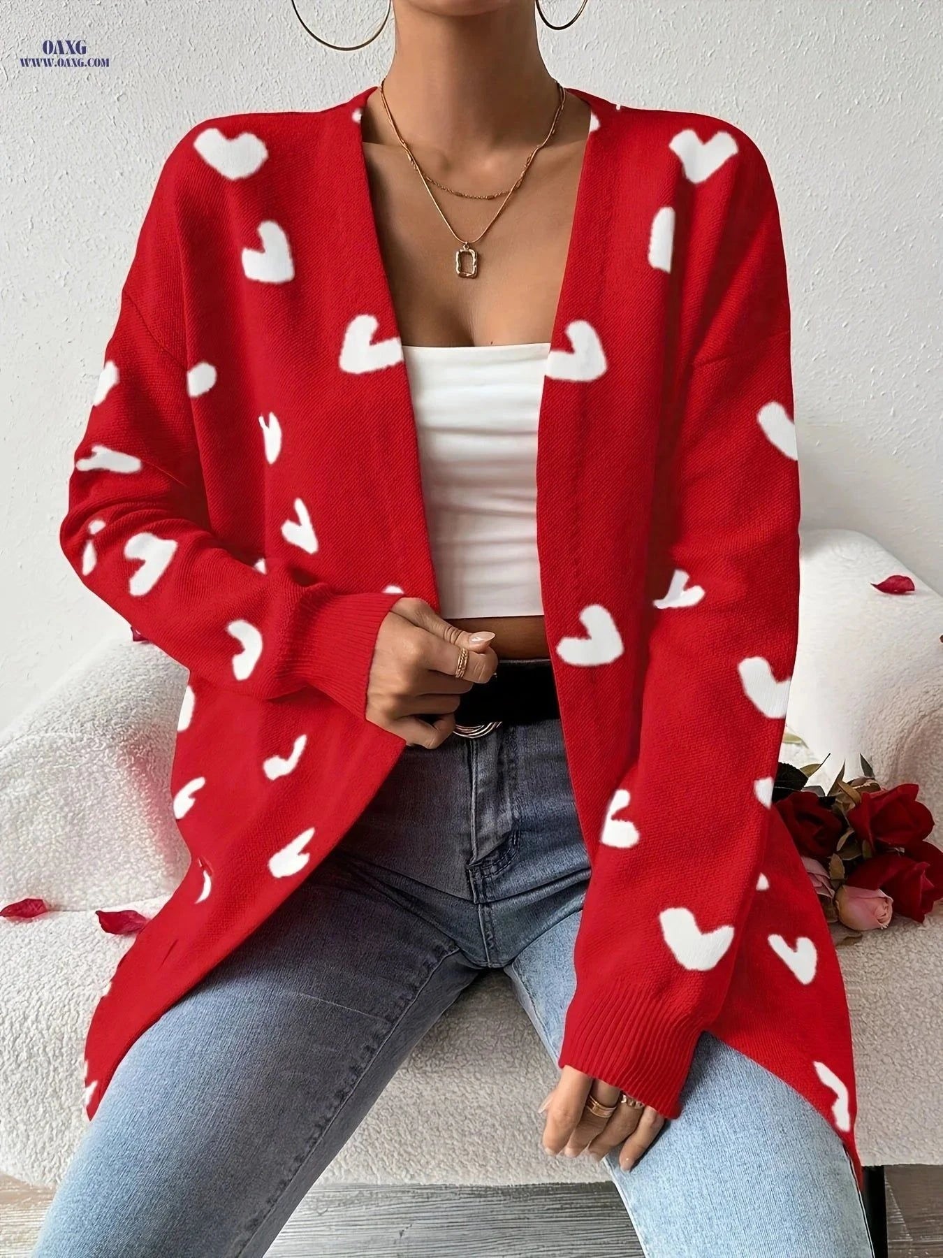 OAXG Heart-Patterned Cardigan - Elegant Valentine’s Day Style   OAXG Red / S