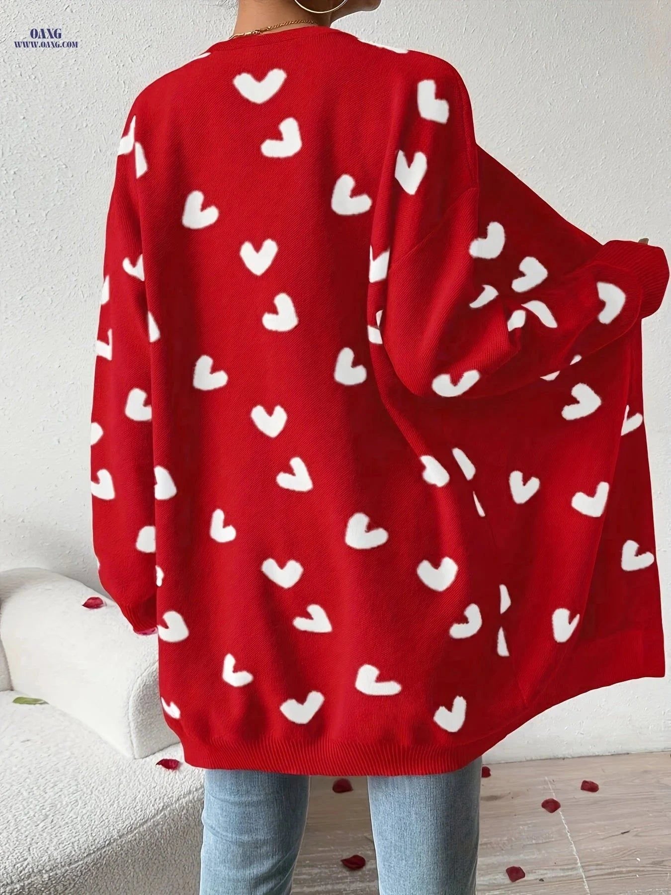 OAXG Heart-Patterned Cardigan - Elegant Valentine’s Day Style   OAXG Red / S