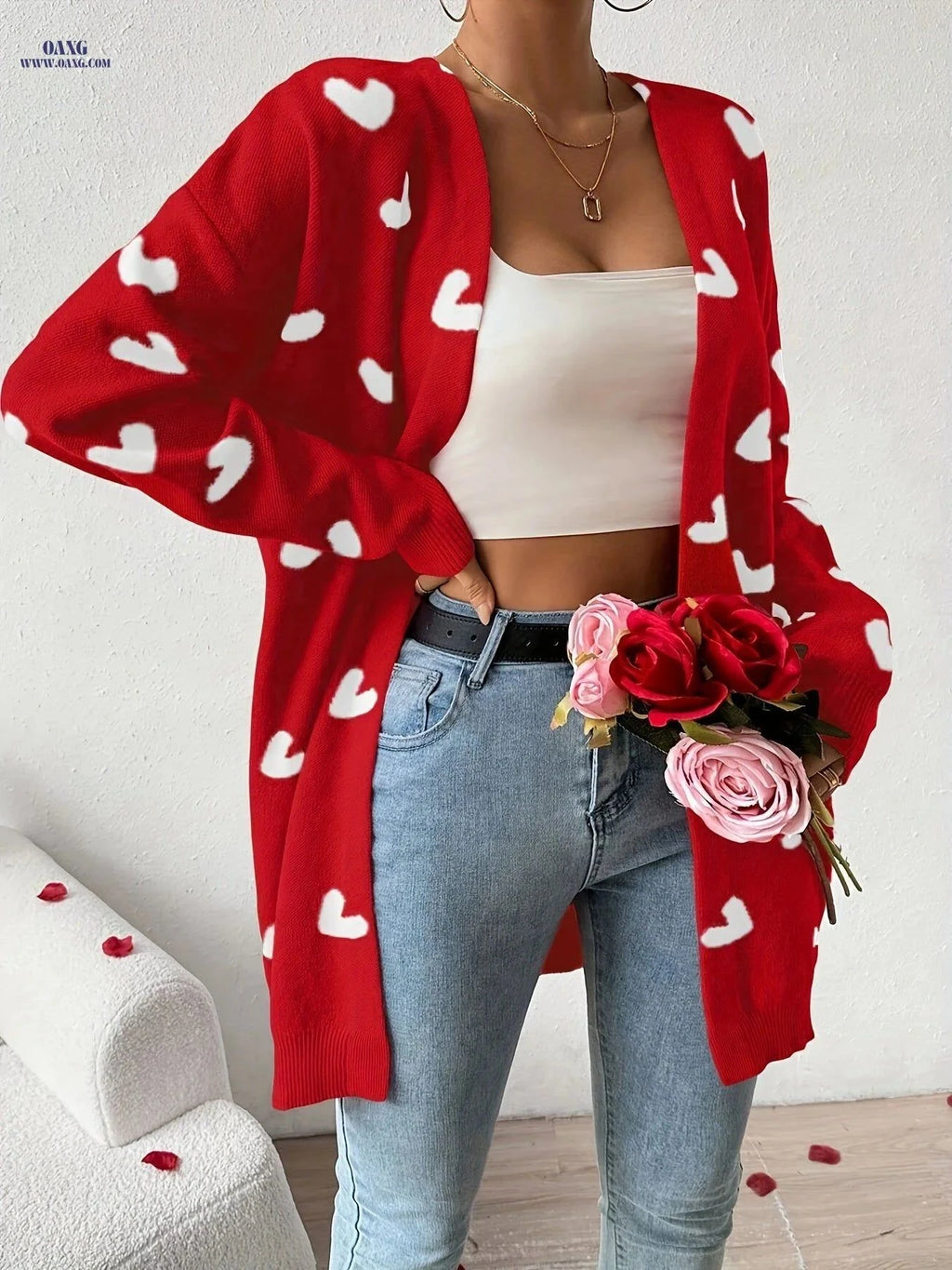 OAXG Heart-Patterned Cardigan - Elegant Valentine’s Day Style   OAXG Red / S