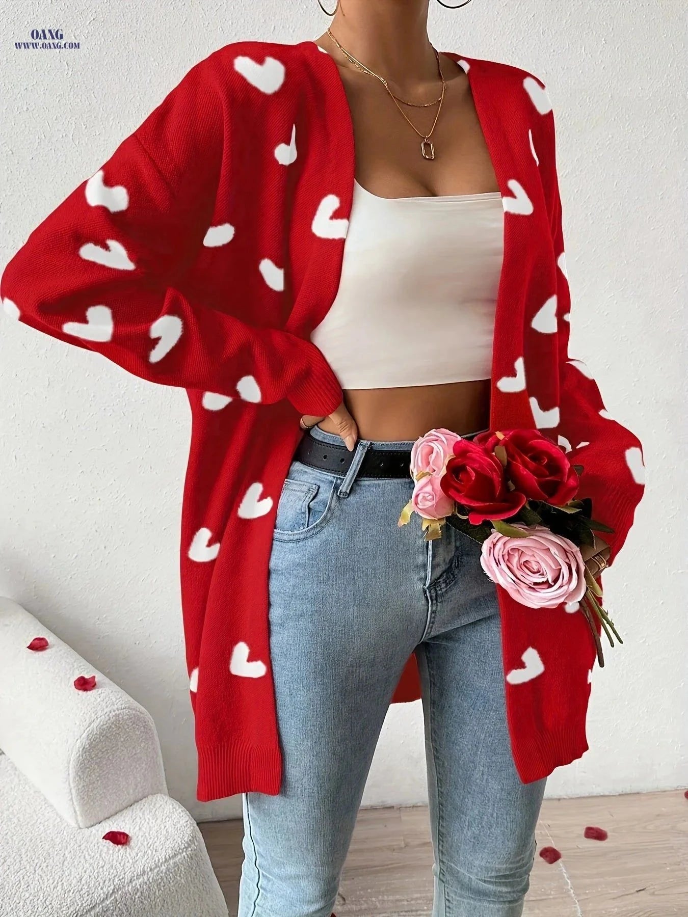 OAXG Heart-Patterned Cardigan - Elegant Valentine’s Day Style   OAXG Red / S