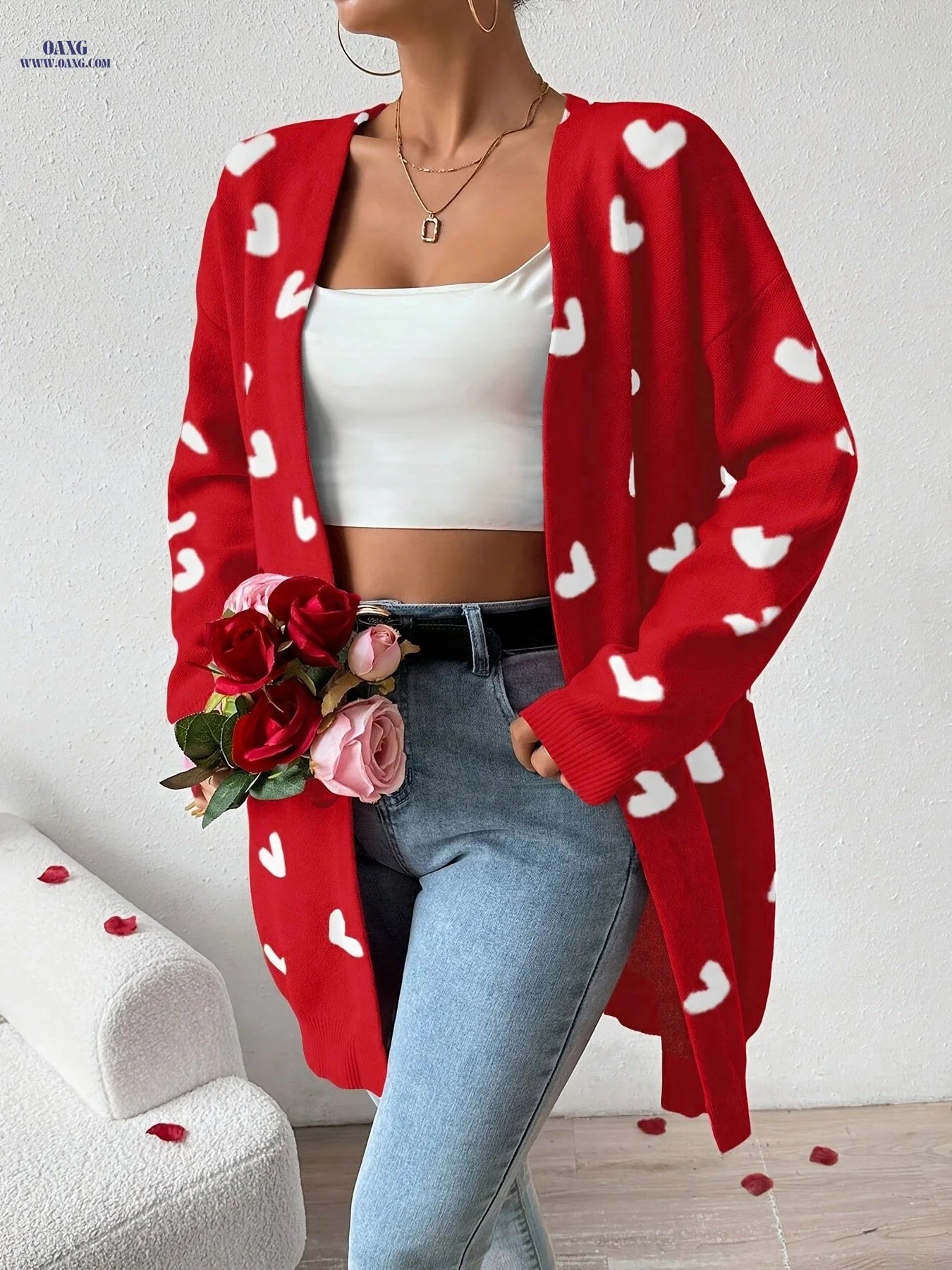 Fashionable Versatile Valentine'S Day Heart-Patterned Cardigan with Heart Pockets, Mid-Length Coat   OAXG Red / XS