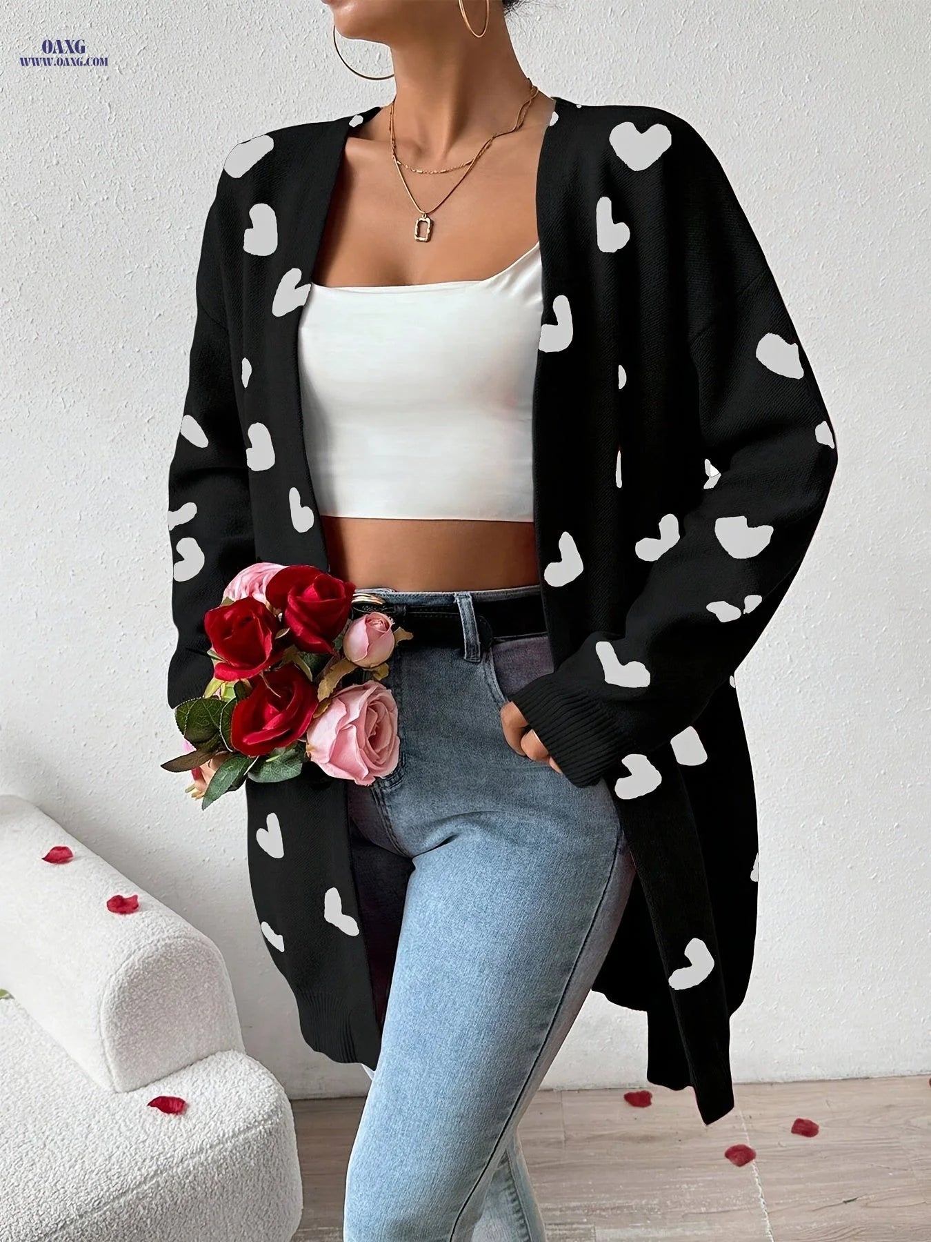 Fashionable Versatile Valentine'S Day Heart-Patterned Cardigan with Heart Pockets, Mid-Length Coat   OAXG Red / XS