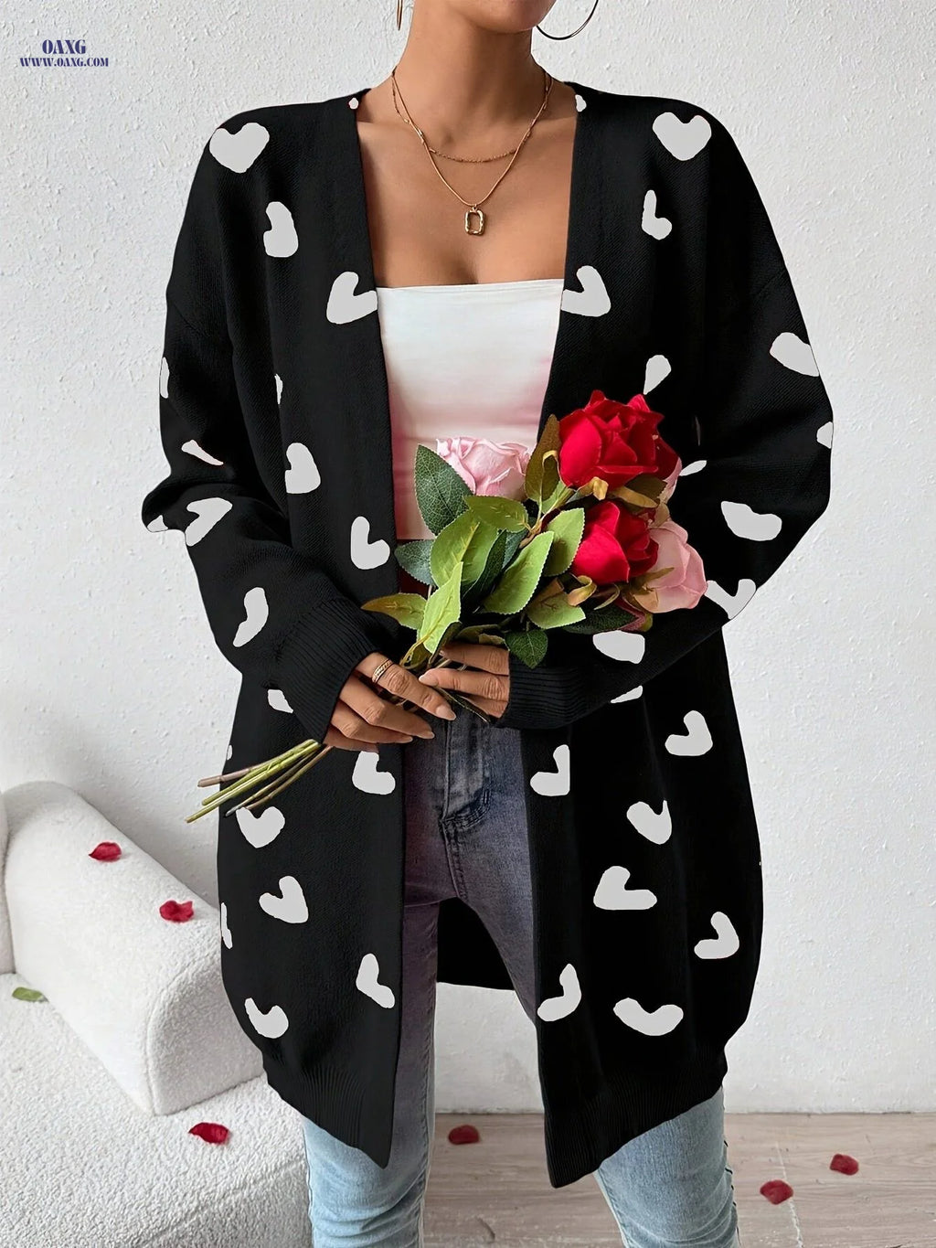 Fashionable Versatile Valentine'S Day Heart-Patterned Cardigan with Heart Pockets, Mid-Length Coat   OAXG Red / XS