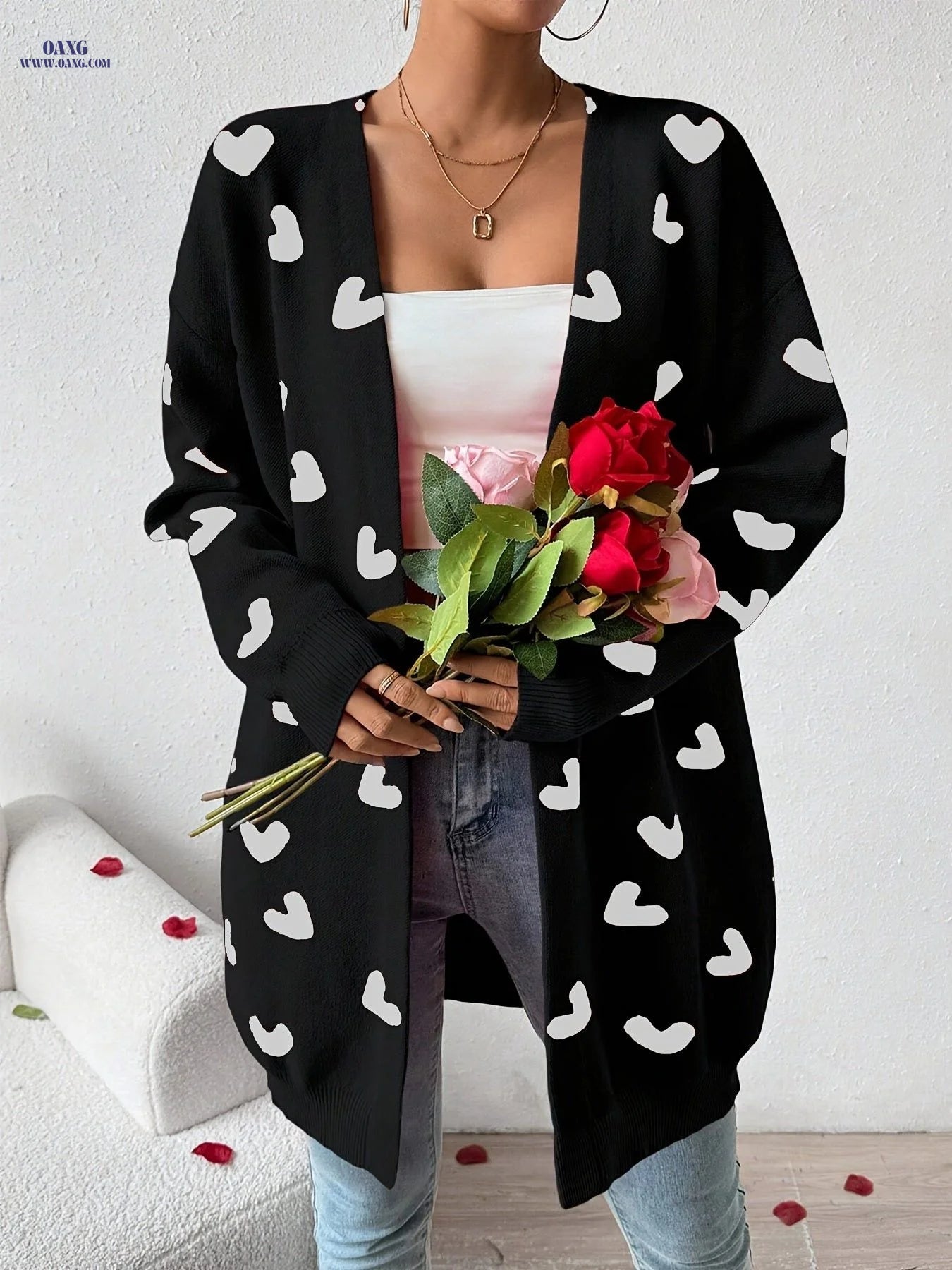 Fashionable Versatile Valentine'S Day Heart-Patterned Cardigan with Heart Pockets, Mid-Length Coat   OAXG Red / XS