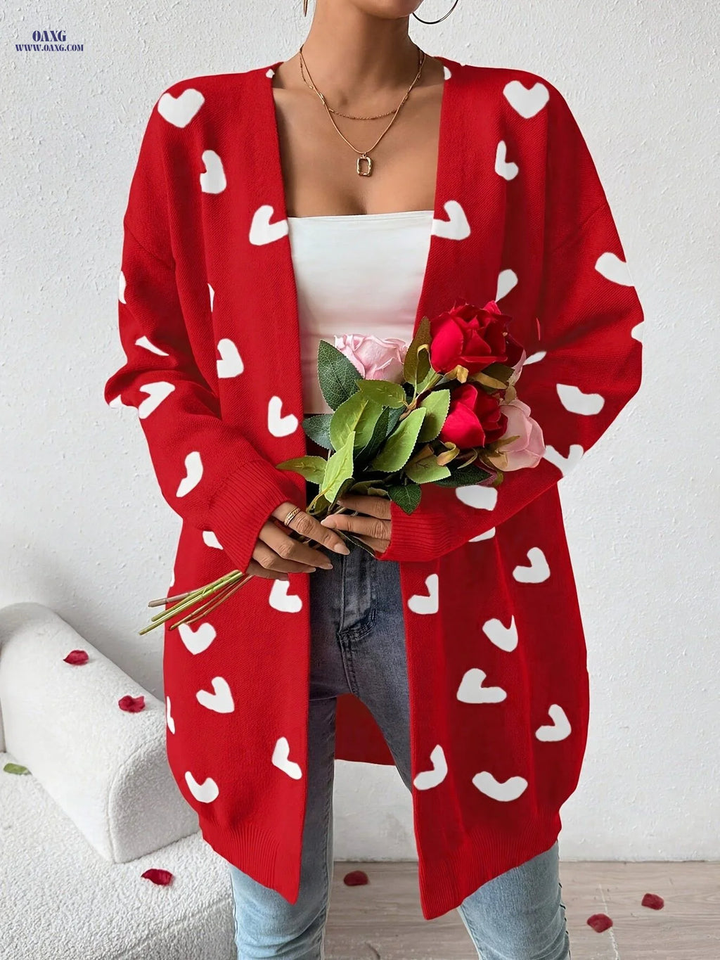 Fashionable Versatile Valentine'S Day Heart-Patterned Cardigan with Heart Pockets, Mid-Length Coat   OAXG Red / XS