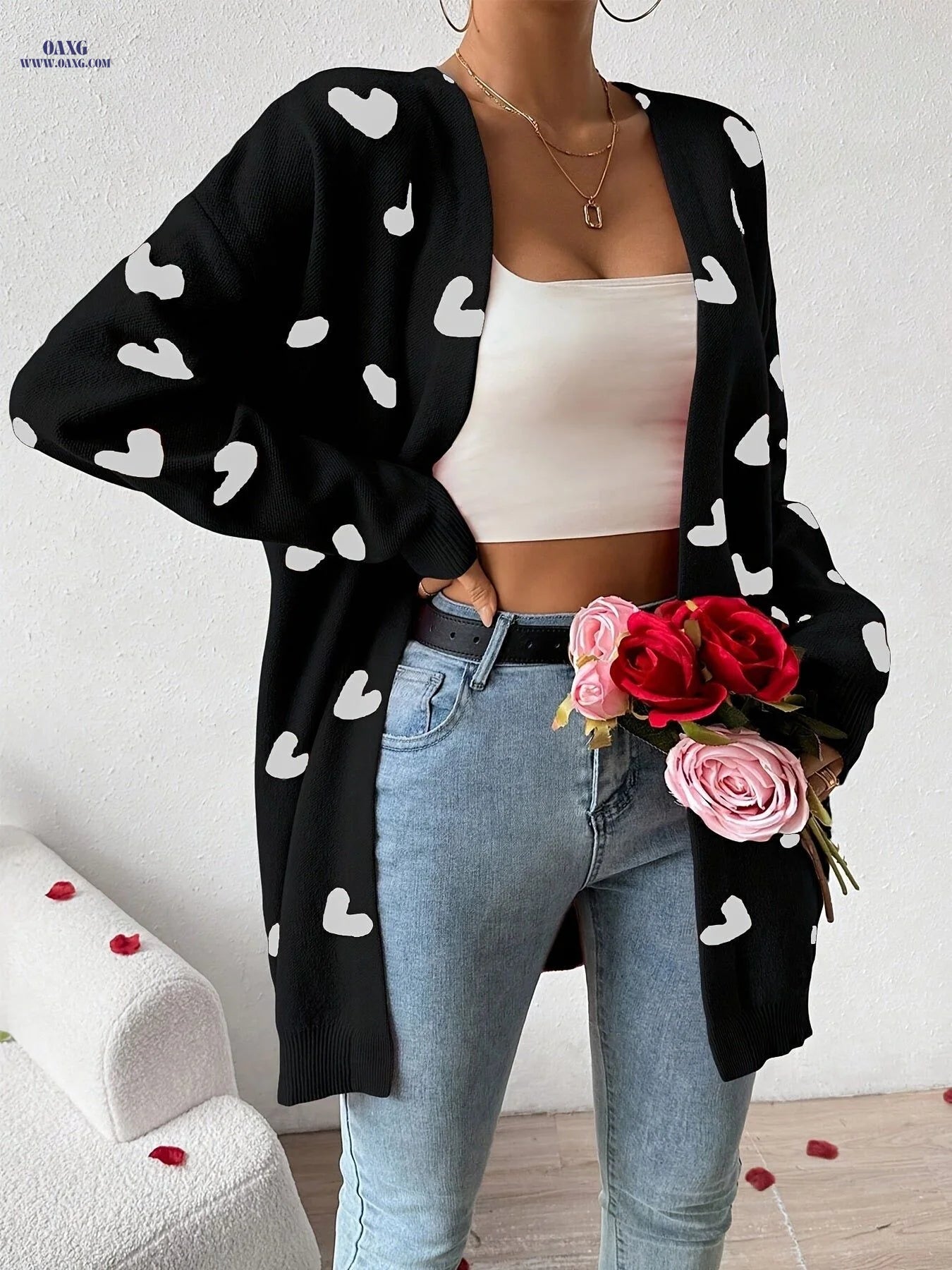 Fashionable Versatile Valentine'S Day Heart-Patterned Cardigan with Heart Pockets, Mid-Length Coat   OAXG Red / XS
