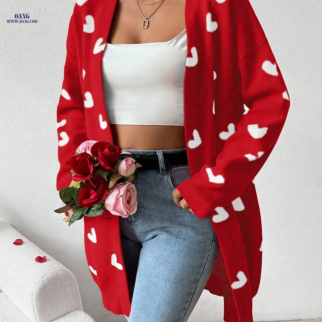 Fashionable Versatile Valentine'S Day Heart-Patterned Cardigan with Heart Pockets, Mid-Length Coat   OAXG Red / XS
