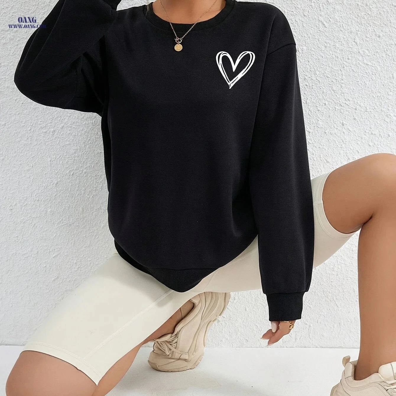OAXG Heart Print Drop Shoulder Sweatshirt - Elegant Crew Neck Style   OAXG 