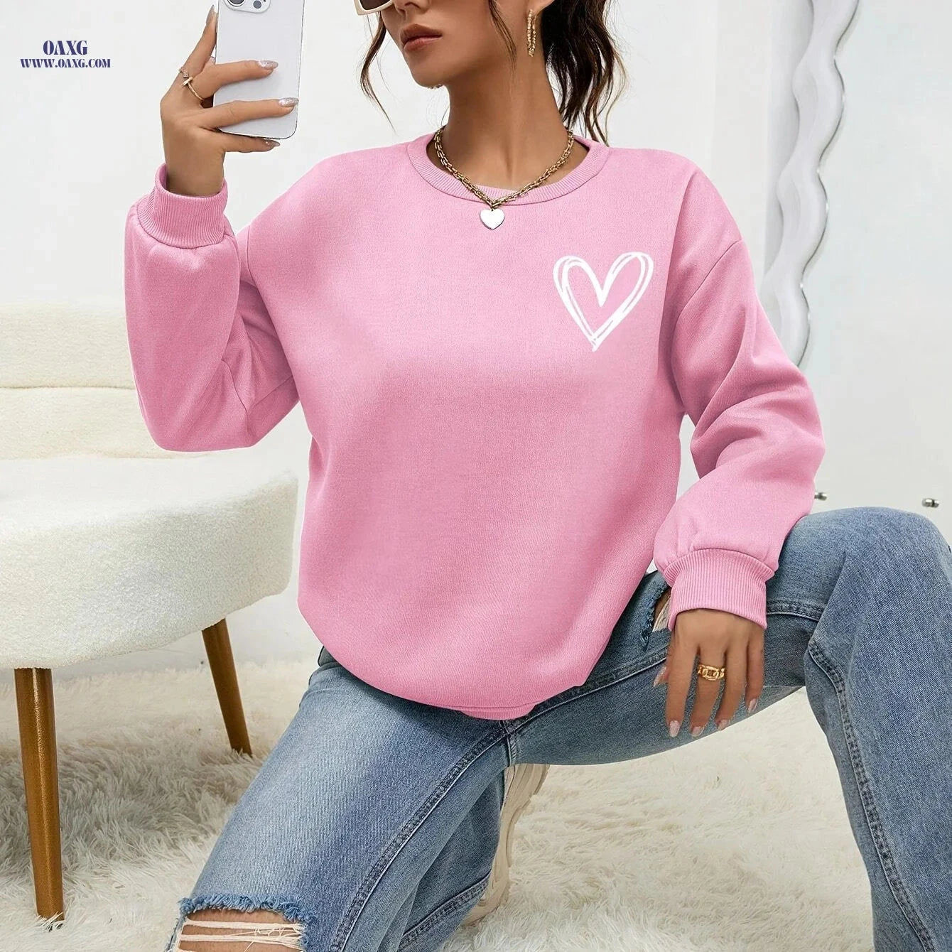 OAXG Heart Print Drop Shoulder Sweatshirt - Elegant Crew Neck Style   OAXG 