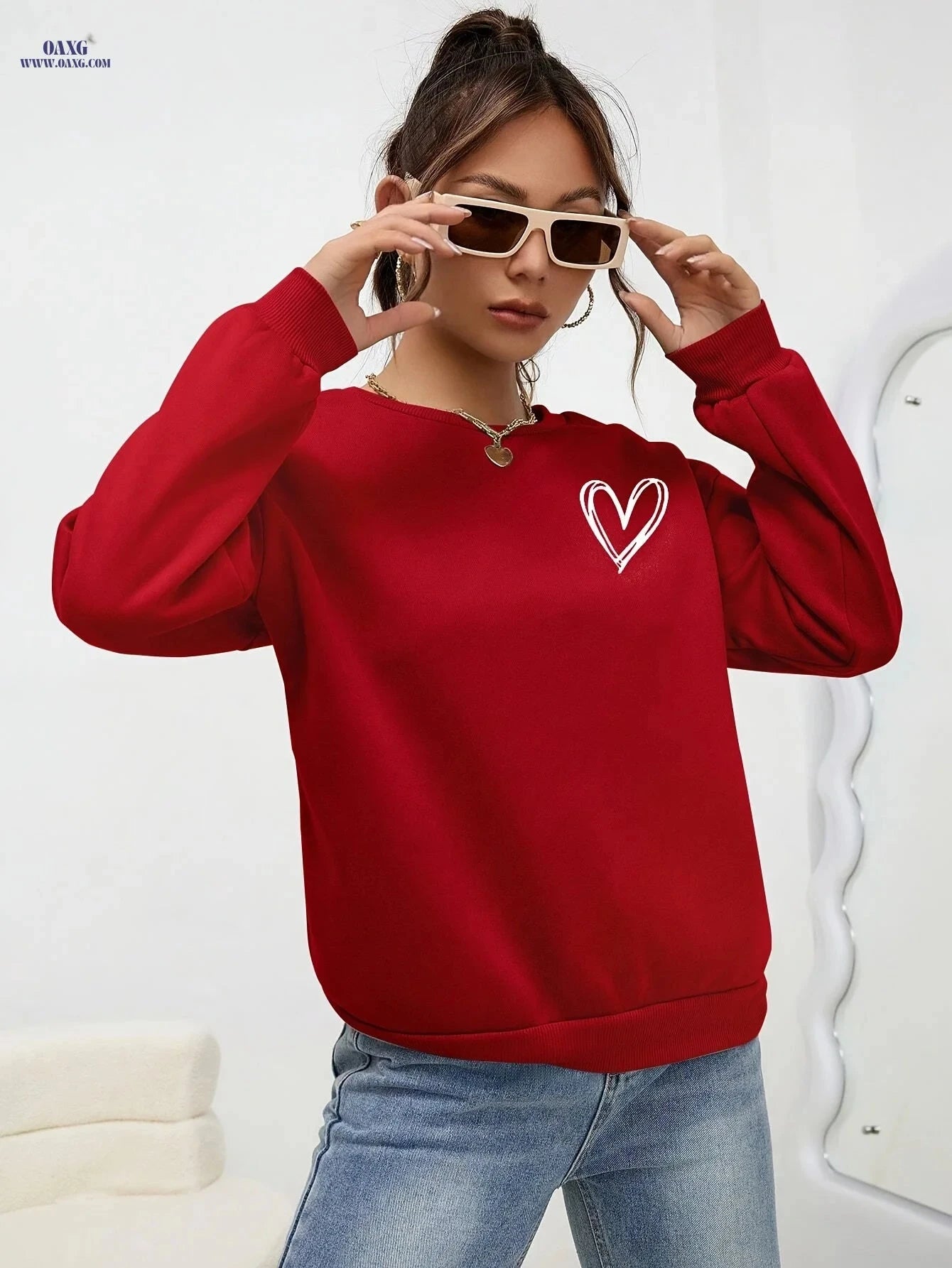 OAXG Heart Print Drop Shoulder Sweatshirt - Elegant Crew Neck Style   OAXG 