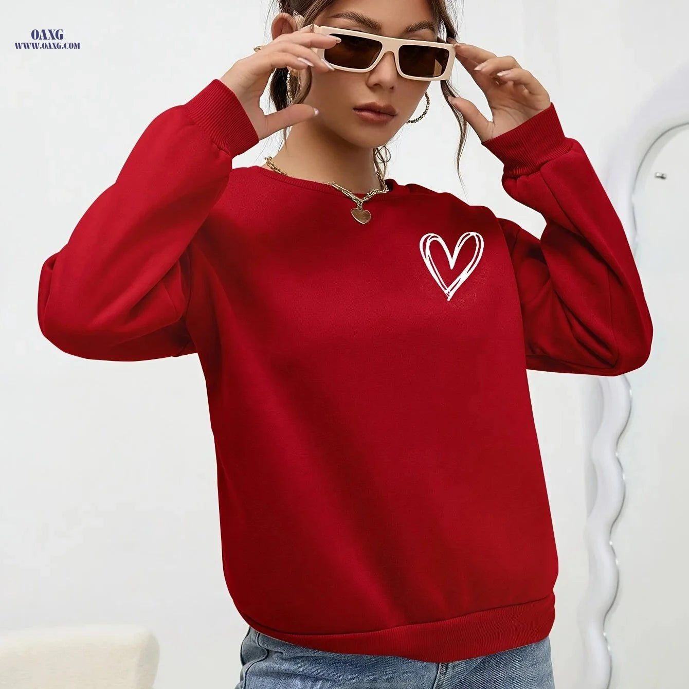 OAXG Heart Print Drop Shoulder Sweatshirt - Elegant Crew Neck Style   OAXG 