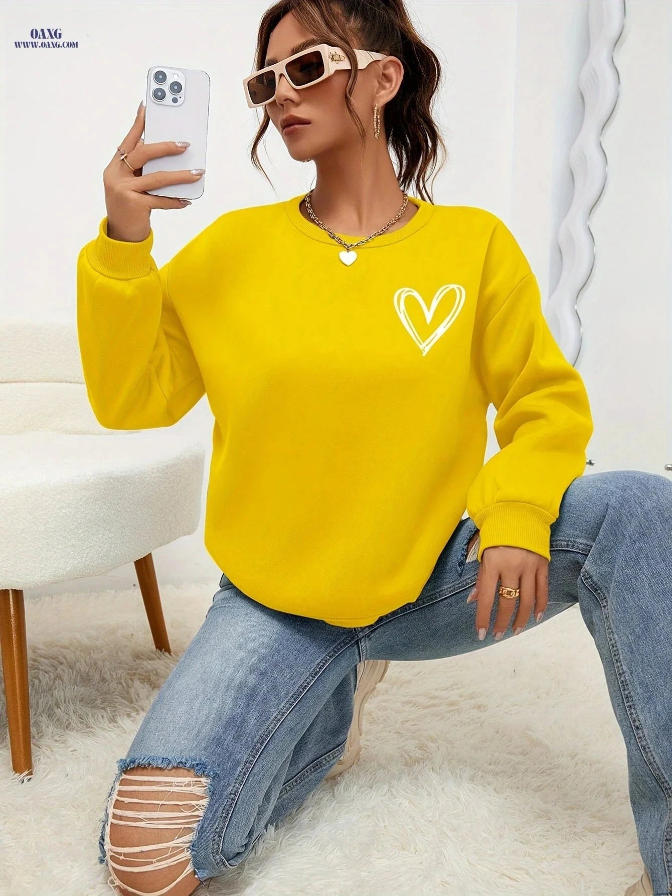 OAXG Heart Print Drop Shoulder Sweatshirt - Elegant Crew Neck Style   OAXG 