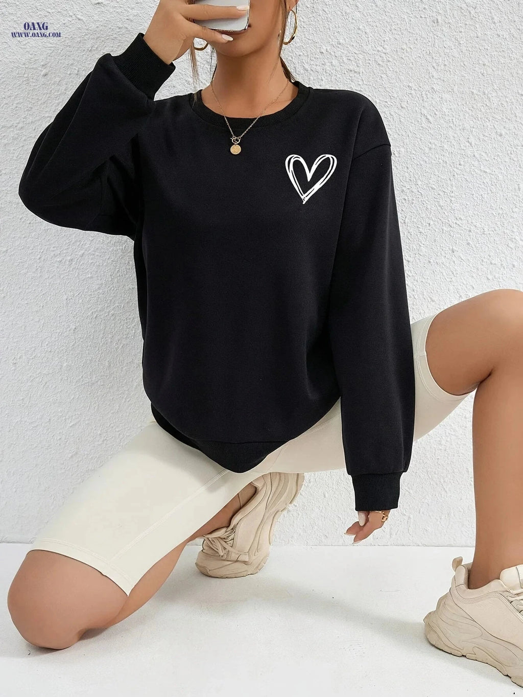 OAXG Heart Print Drop Shoulder Sweatshirt - Elegant Crew Neck Style   OAXG 