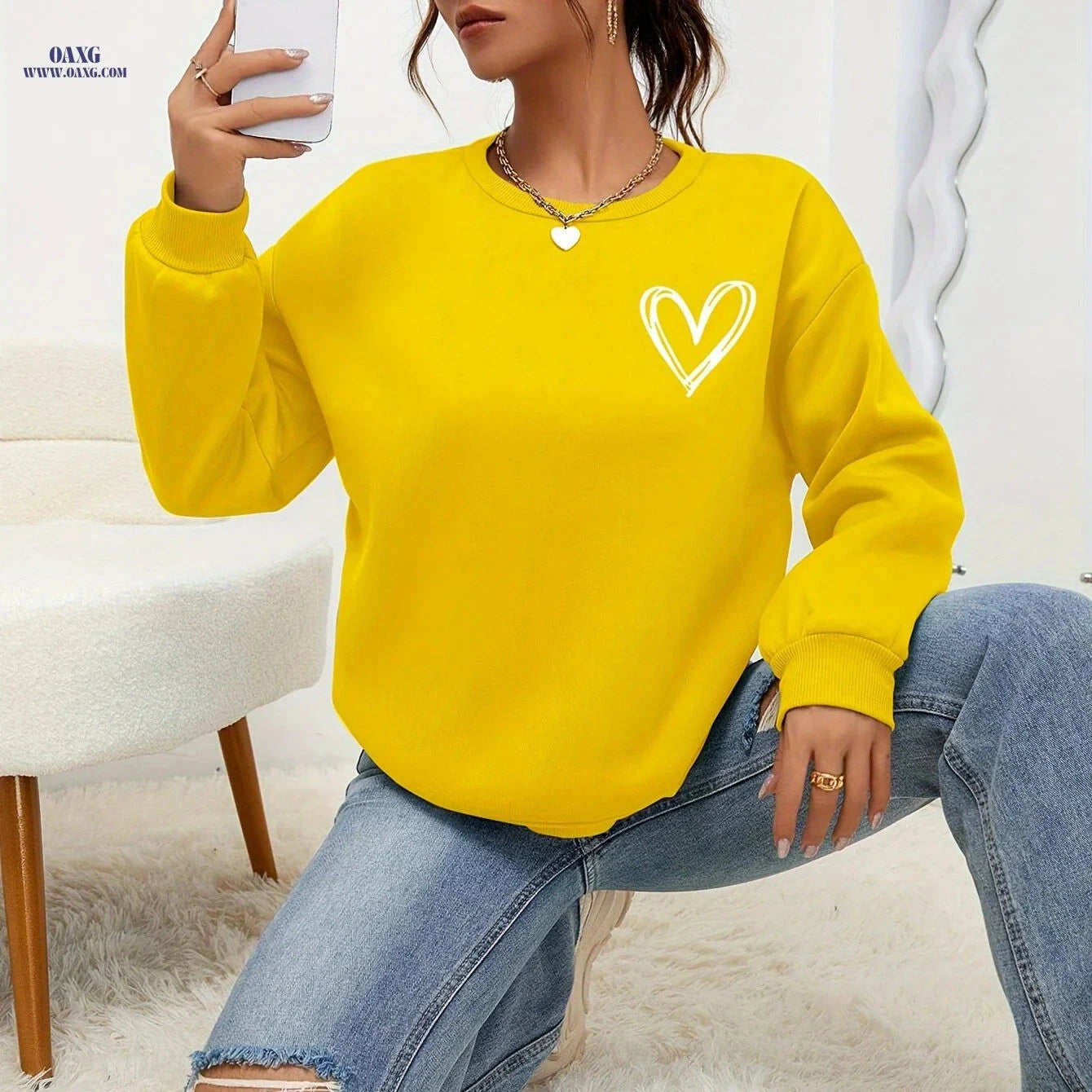 OAXG Heart Print Drop Shoulder Sweatshirt - Elegant Crew Neck Style   OAXG 