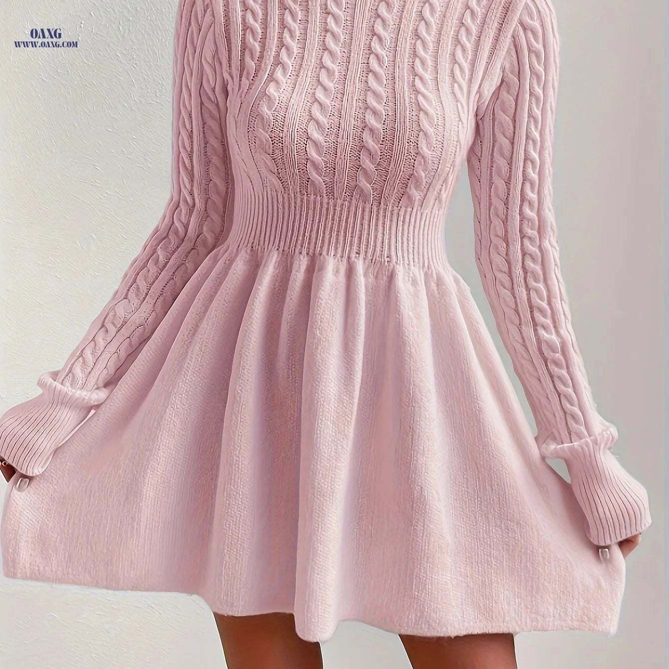 OAXG High-Neck Pink Mini Sweater Dress - Stylish A-Line for Women   OAXG Pink / S