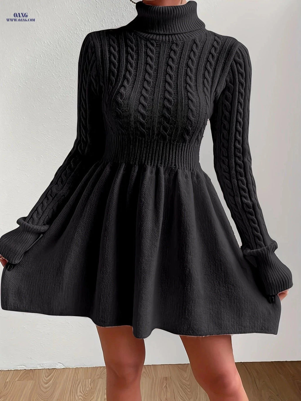 OAXG High-Neck Pink Mini Sweater Dress - Stylish A-Line for Women   OAXG Pink / S