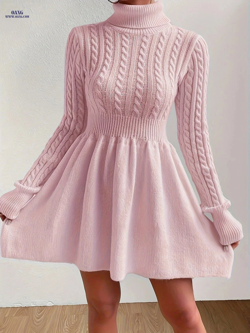 OAXG High-Neck Pink Mini Sweater Dress - Stylish A-Line for Women   OAXG Pink / S