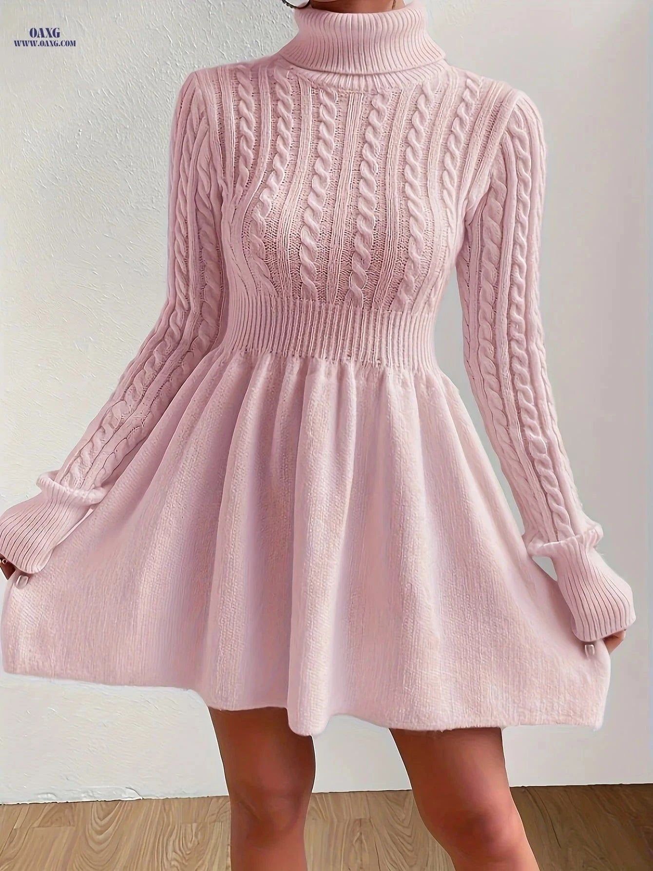 OAXG High-Neck Pink Mini Sweater Dress - Stylish A-Line for Women   OAXG Pink / S
