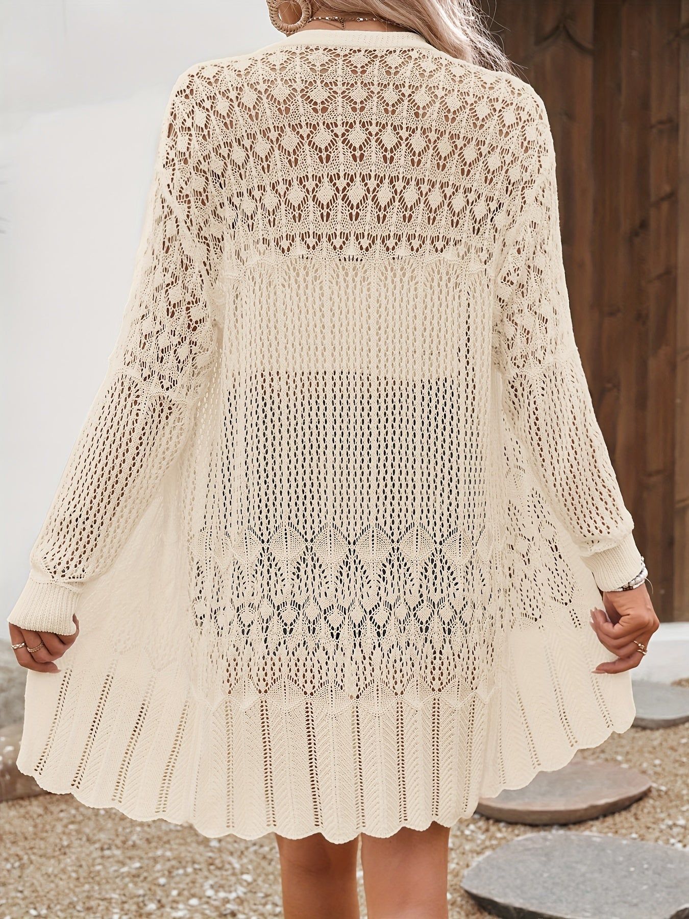 OAXG Hollow Out Open Front Long Sleeve Cardigan for Elegant Style   OAXG White / XS