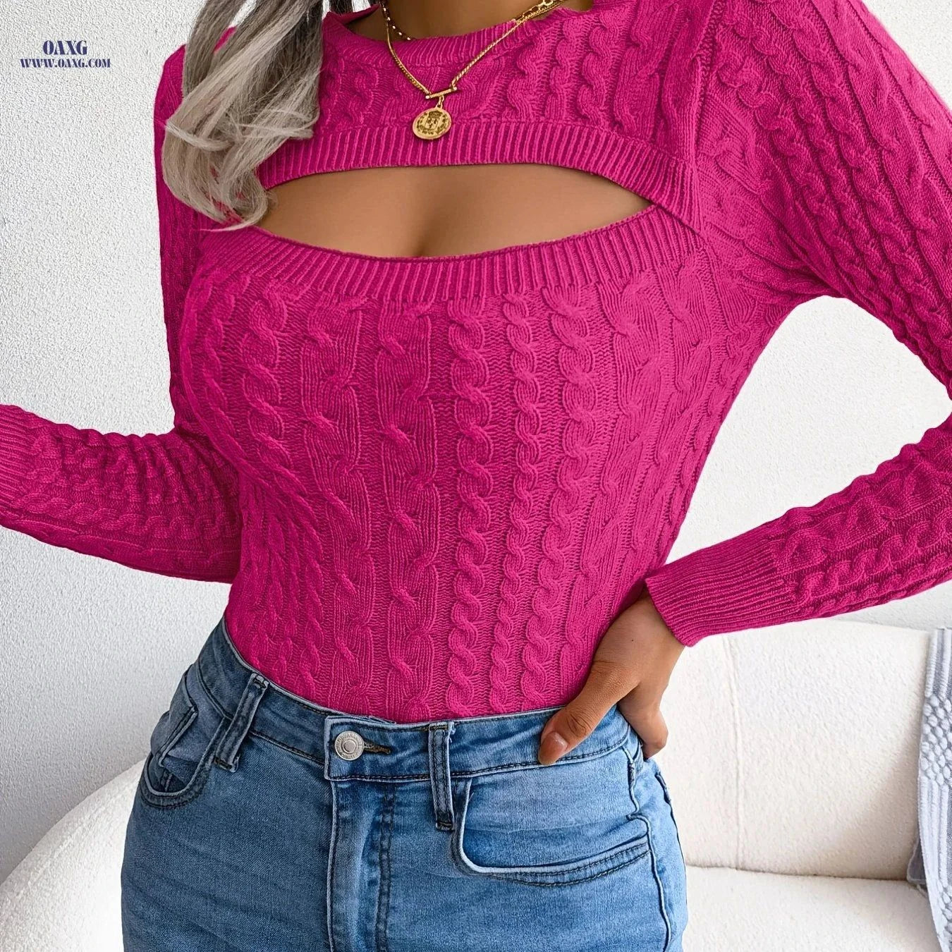 OAXG Hollow Out Twist Long-Sleeved Pullover Sweater for Women   OAXG Pink / S