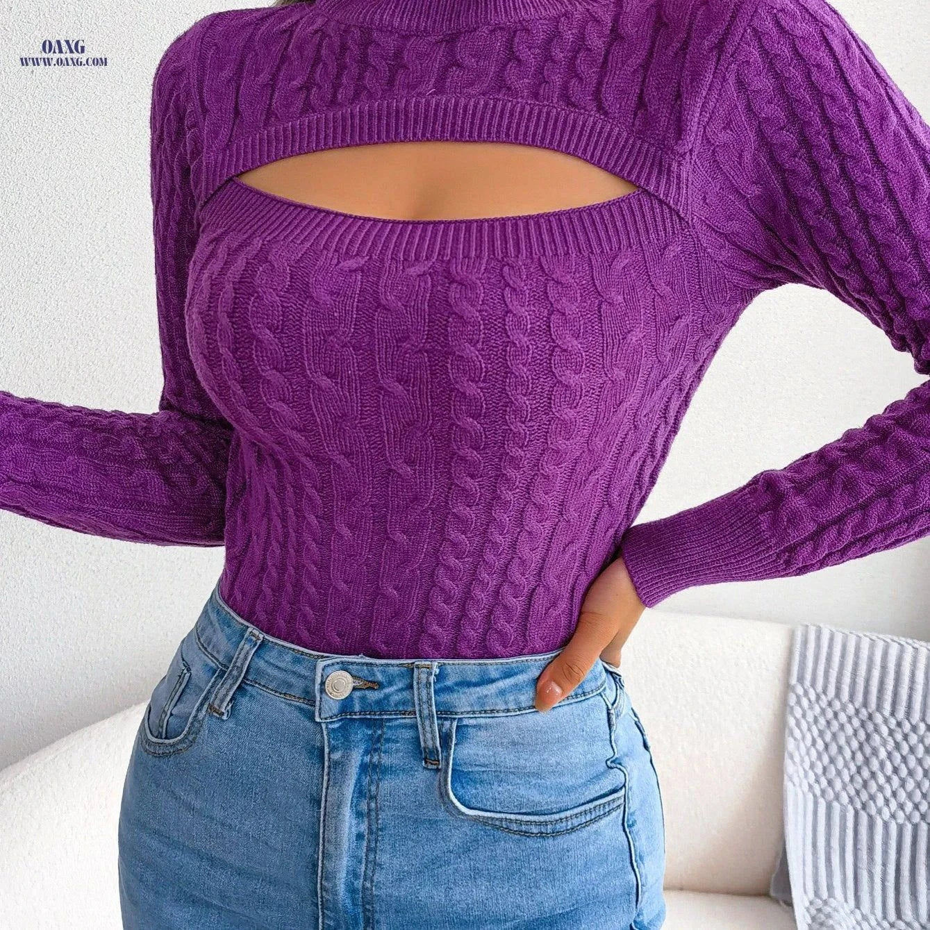 OAXG Hollow Out Twist Long-Sleeved Pullover Sweater for Women   OAXG Pink / S