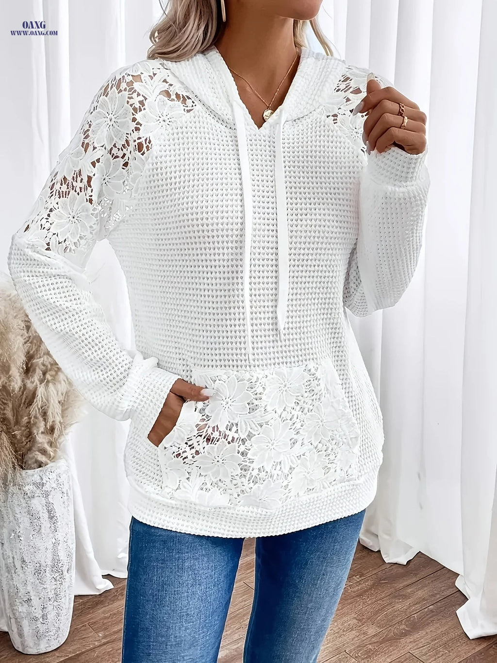 Hooded Lace-trimmed Casual Fashion Raglan Sleeve Top Hoodie   OAXG 