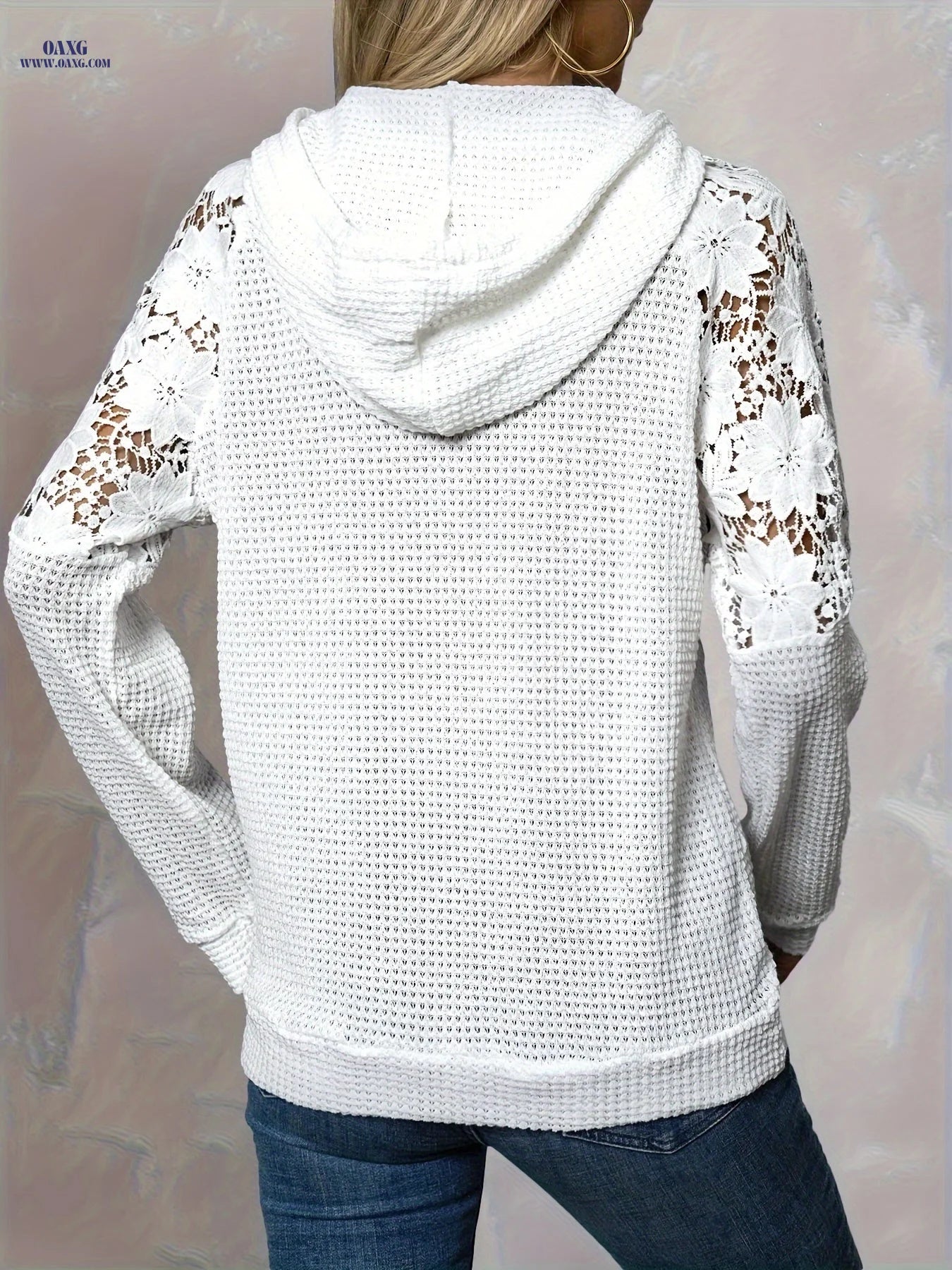 Hooded Lace-trimmed Casual Fashion Raglan Sleeve Top Hoodie   OAXG 