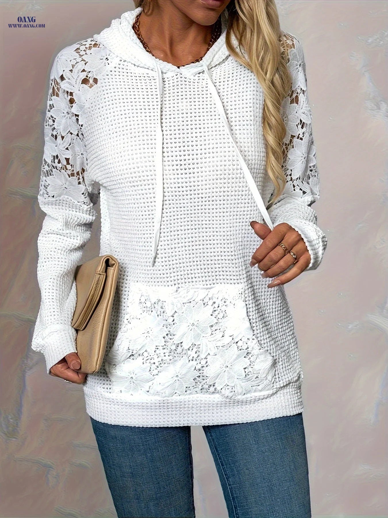 Hooded Lace-trimmed Casual Fashion Raglan Sleeve Top Hoodie   OAXG 