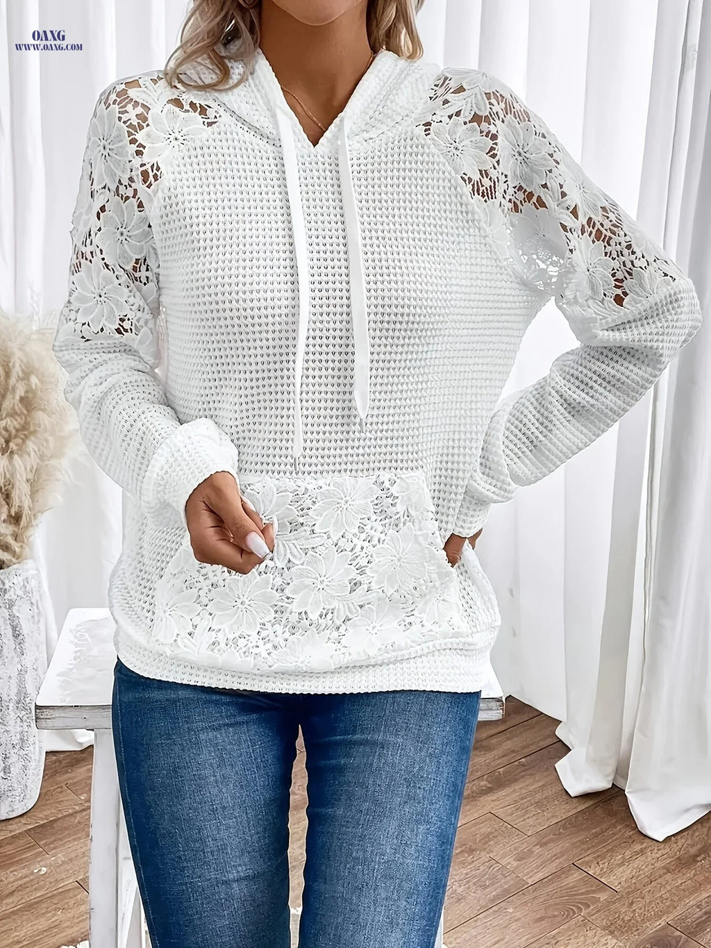 Hooded Lace-trimmed Casual Fashion Raglan Sleeve Top Hoodie   OAXG 