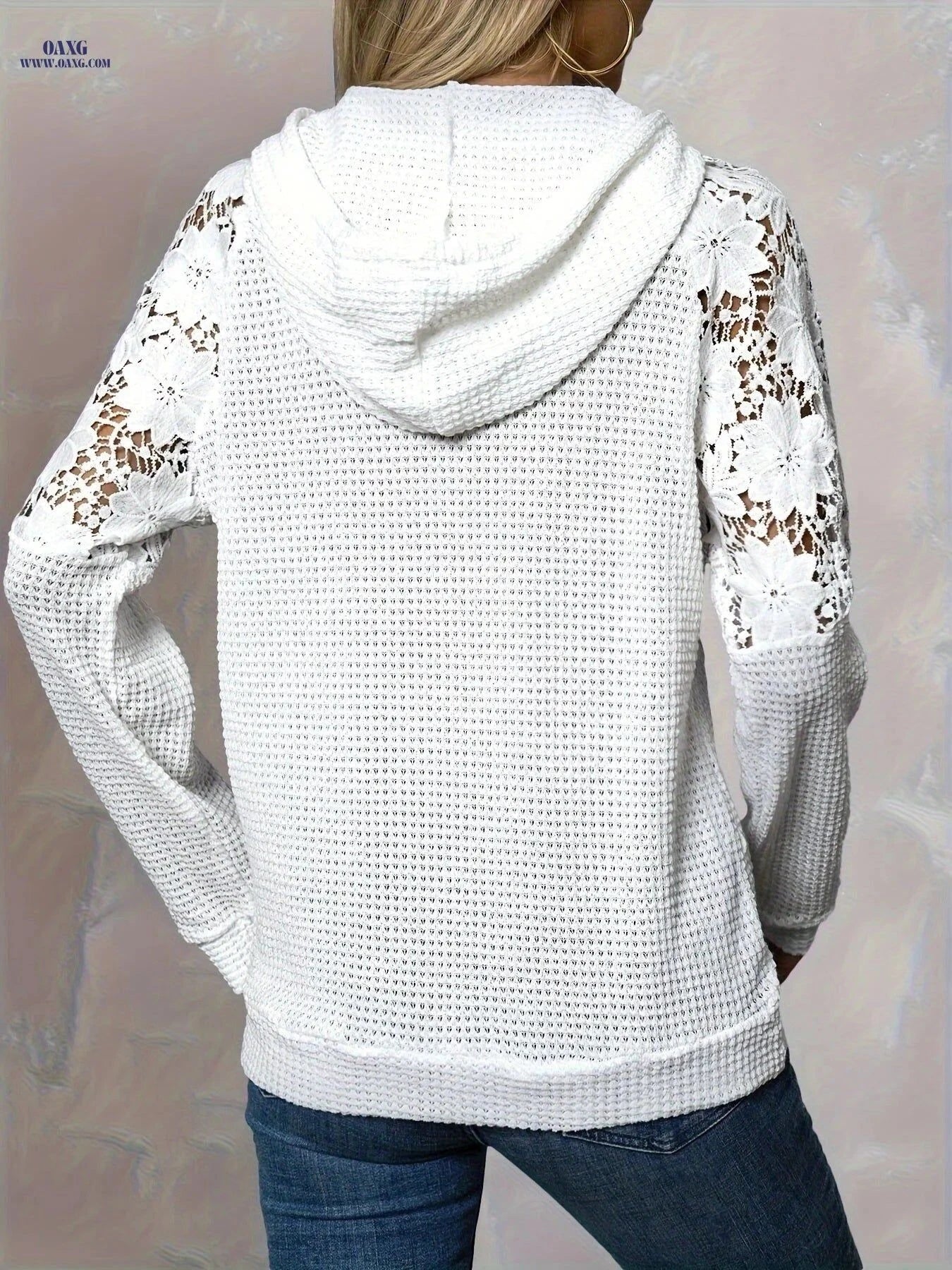 OAXG Hooded Lace-Trimmed Casual Top - Stylish Raglan Sleeve Design   OAXG White / S