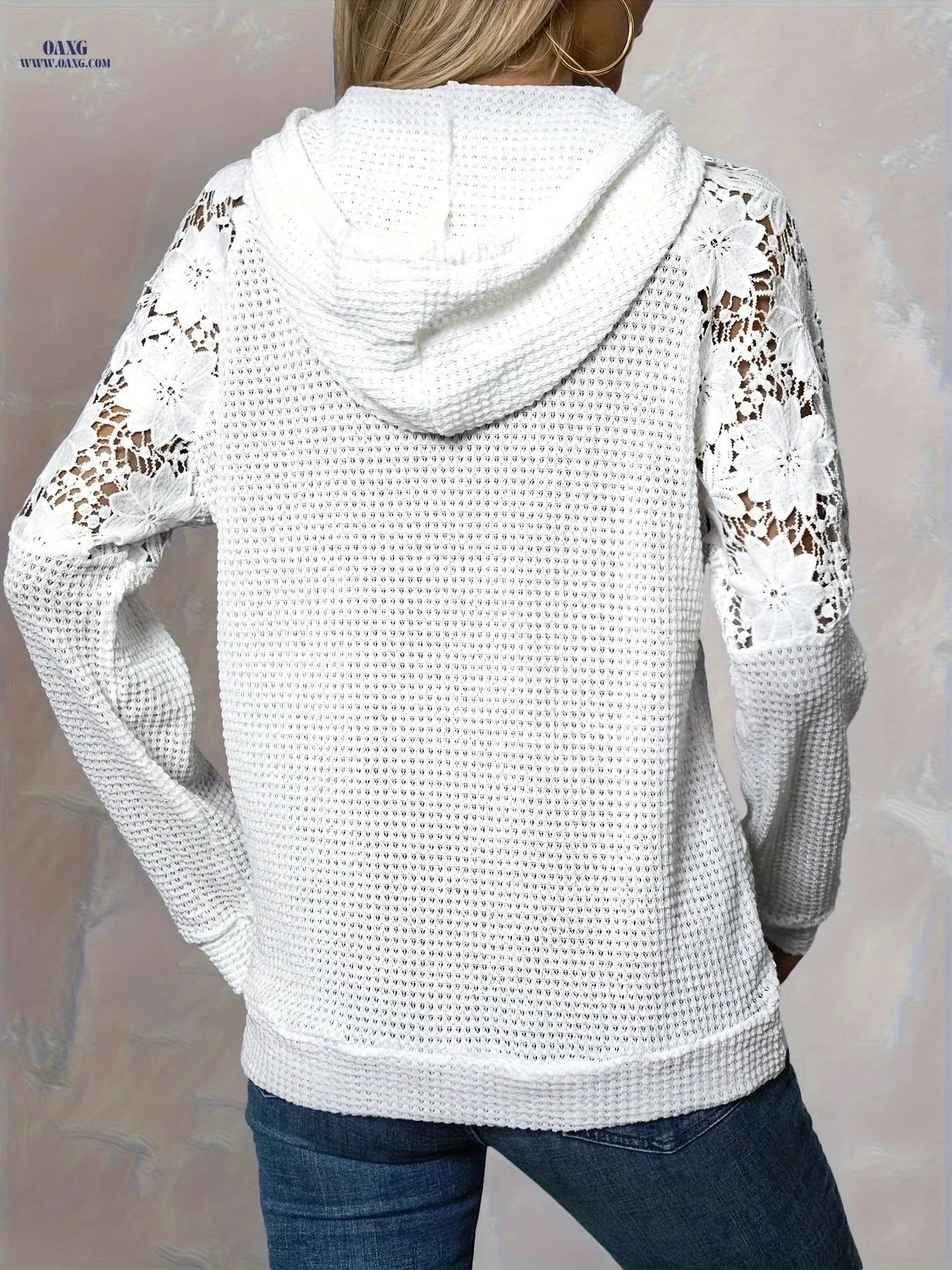 OAXG Hooded Lace-Trimmed Casual Top - Stylish Raglan Sleeve Design   OAXG White / S