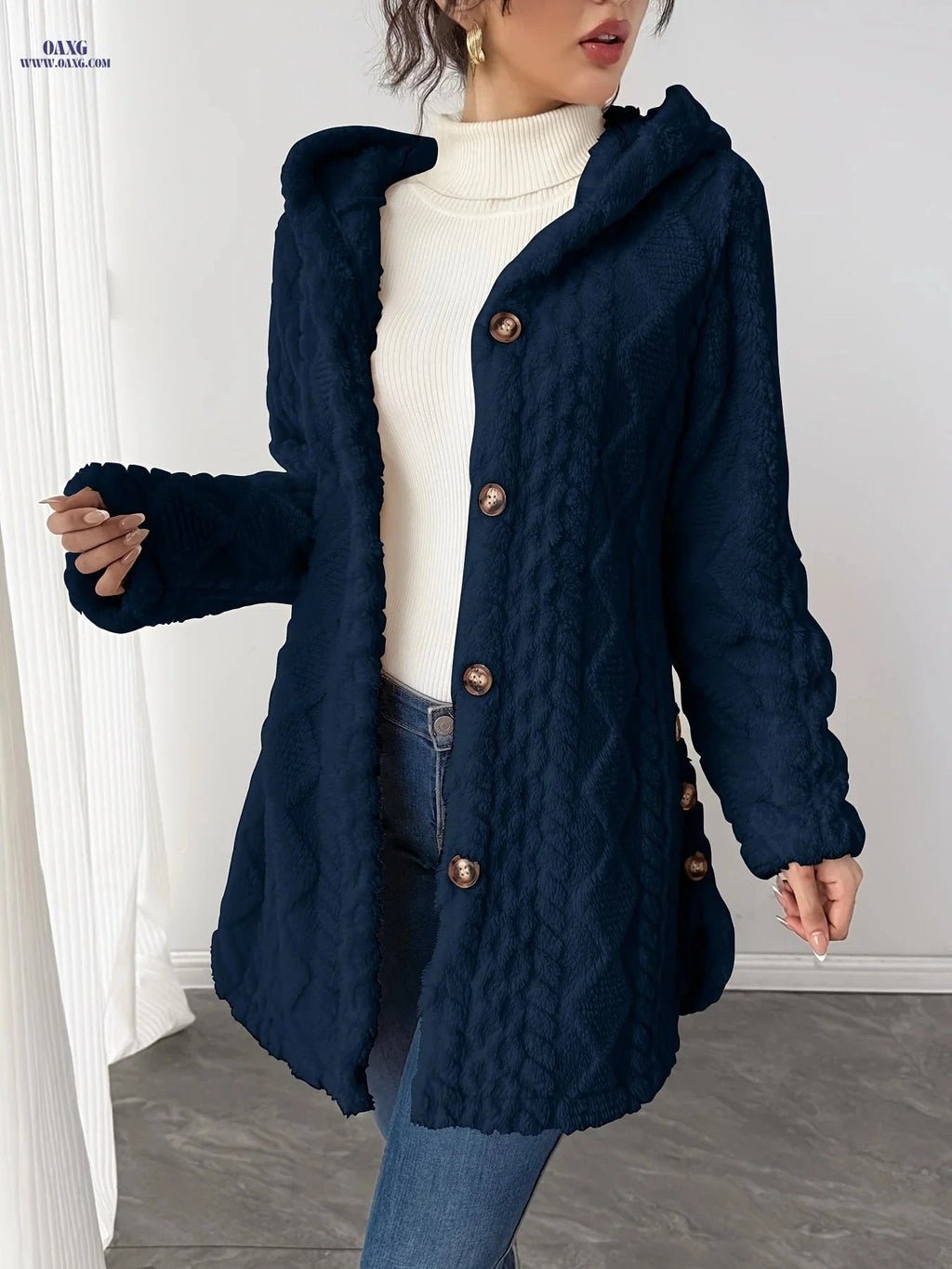 OAXG Hooded Mid-Length Teddy Coat - Elegant Faux Fur for Women   OAXG 
