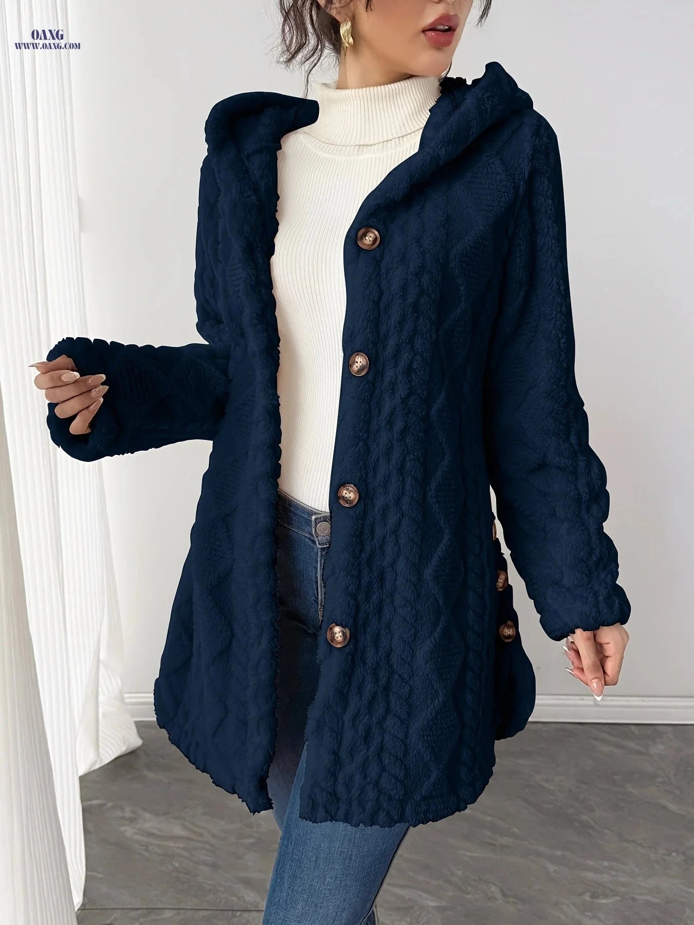 OAXG Hooded Mid-Length Teddy Coat - Elegant Faux Fur for Women   OAXG 