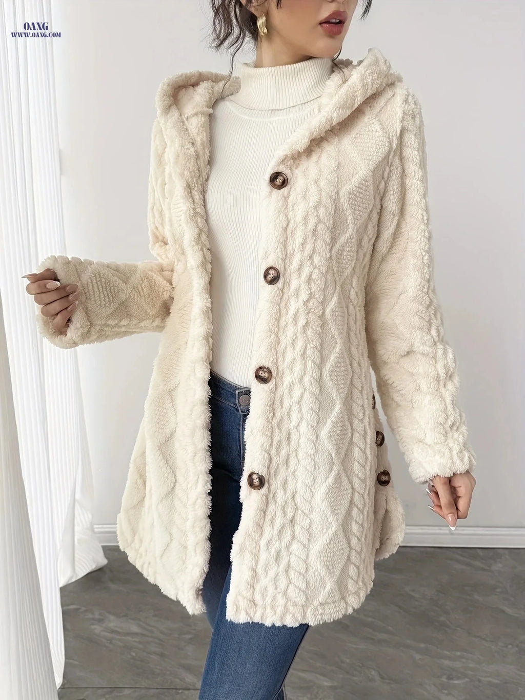 OAXG Hooded Mid-Length Teddy Coat - Elegant Faux Fur for Women   OAXG 