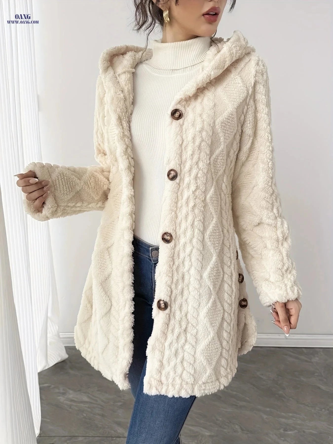 OAXG Hooded Mid-Length Teddy Coat - Elegant Faux Fur for Women   OAXG 
