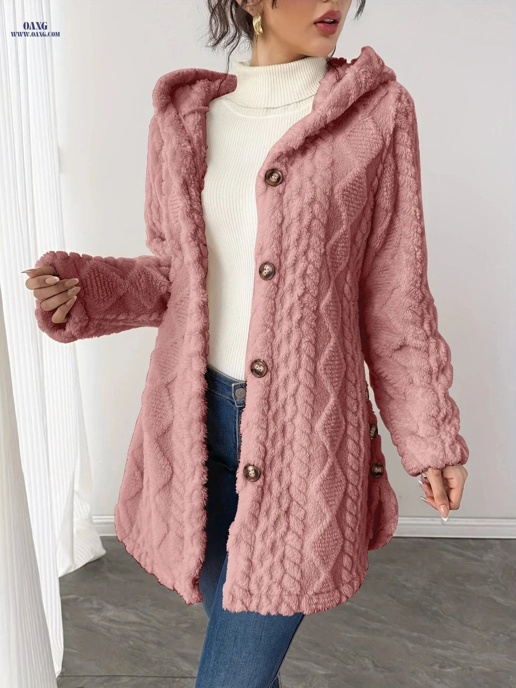 OAXG Hooded Mid-Length Teddy Coat - Elegant Faux Fur for Women   OAXG 
