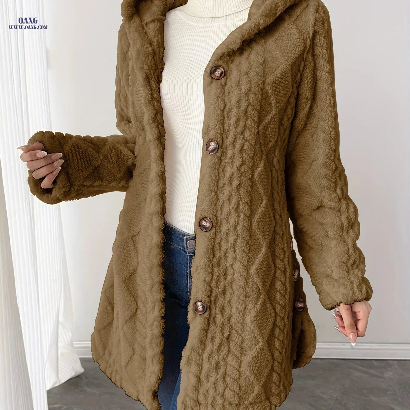 OAXG Hooded Mid-Length Teddy Coat - Elegant Faux Fur for Women   OAXG 