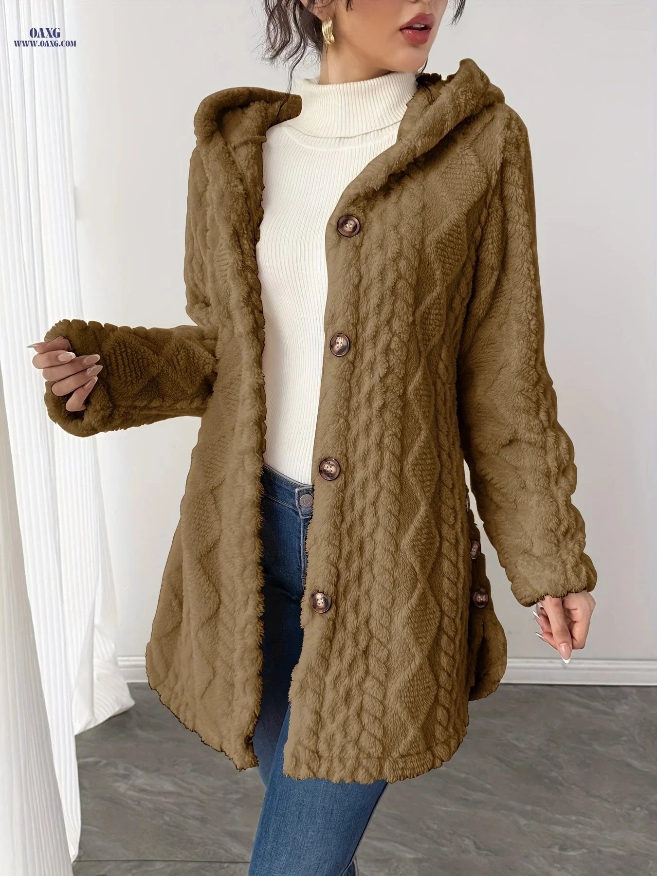 OAXG Hooded Mid-Length Teddy Coat - Elegant Faux Fur for Women   OAXG 