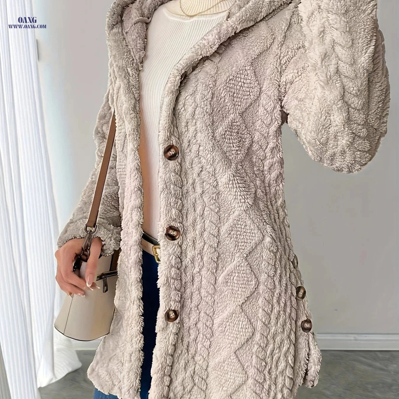 OAXG Hooded Mid-Length Teddy Coat - Elegant Faux Fur for Women   OAXG 