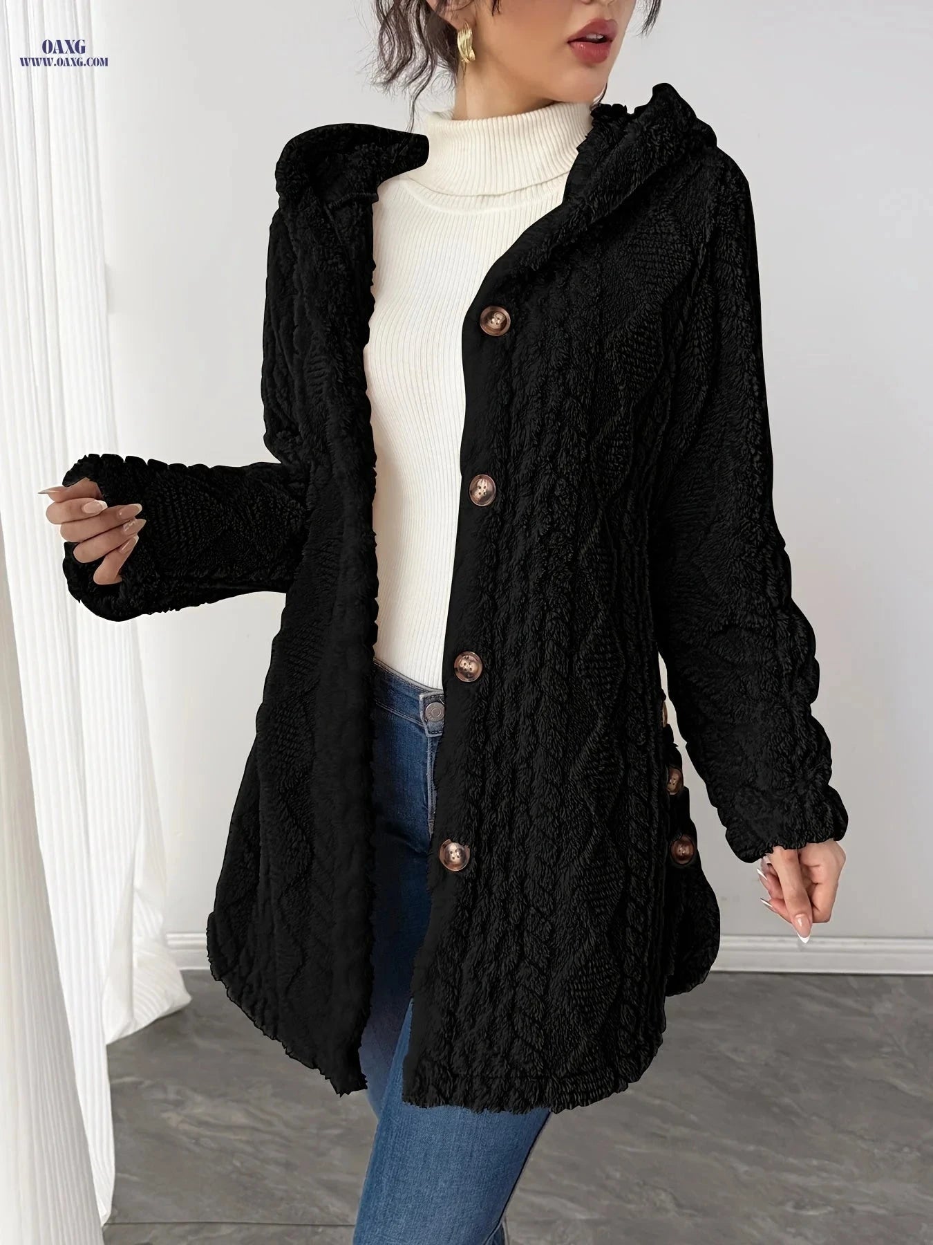 OAXG Hooded Mid-Length Teddy Coat - Elegant Faux Fur for Women   OAXG 