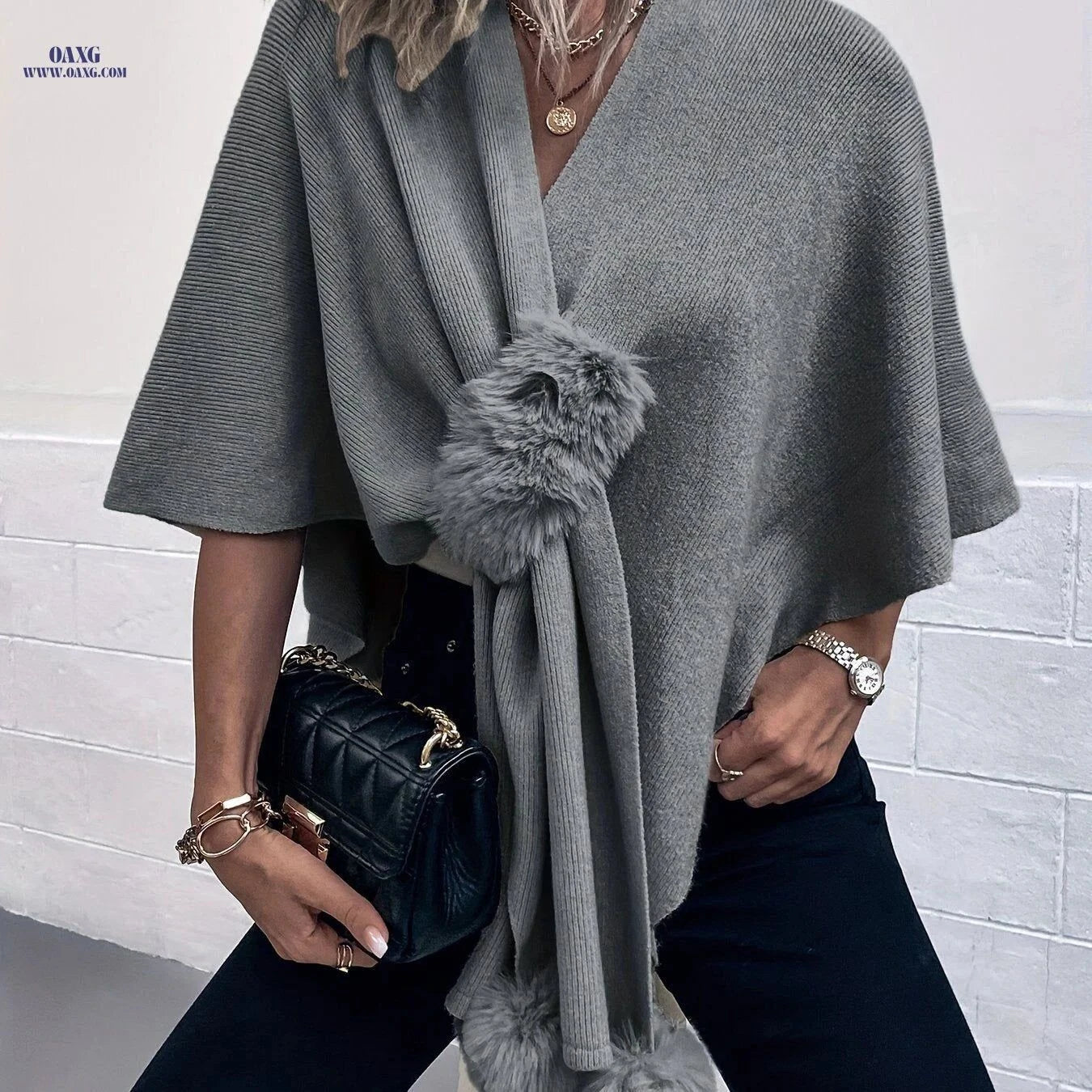 OAXG Irregular Solid Color Cape Sweater - Casual Fall Cardigan   OAXG Apricot / One-size