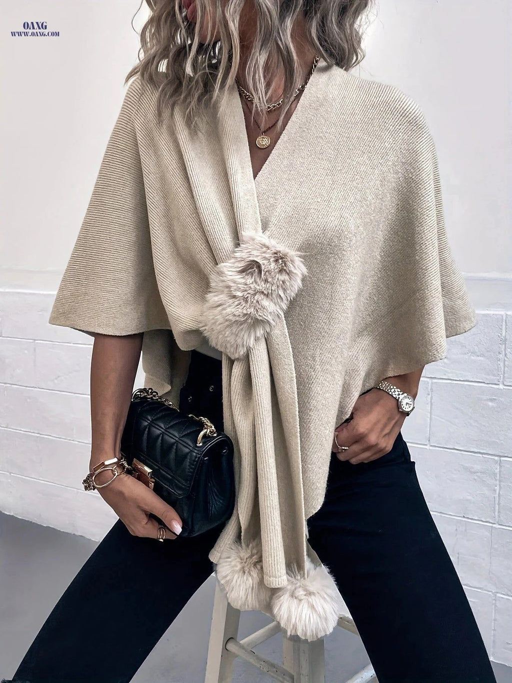OAXG Irregular Solid Color Cape Sweater - Casual Fall Cardigan   OAXG Apricot / One-size