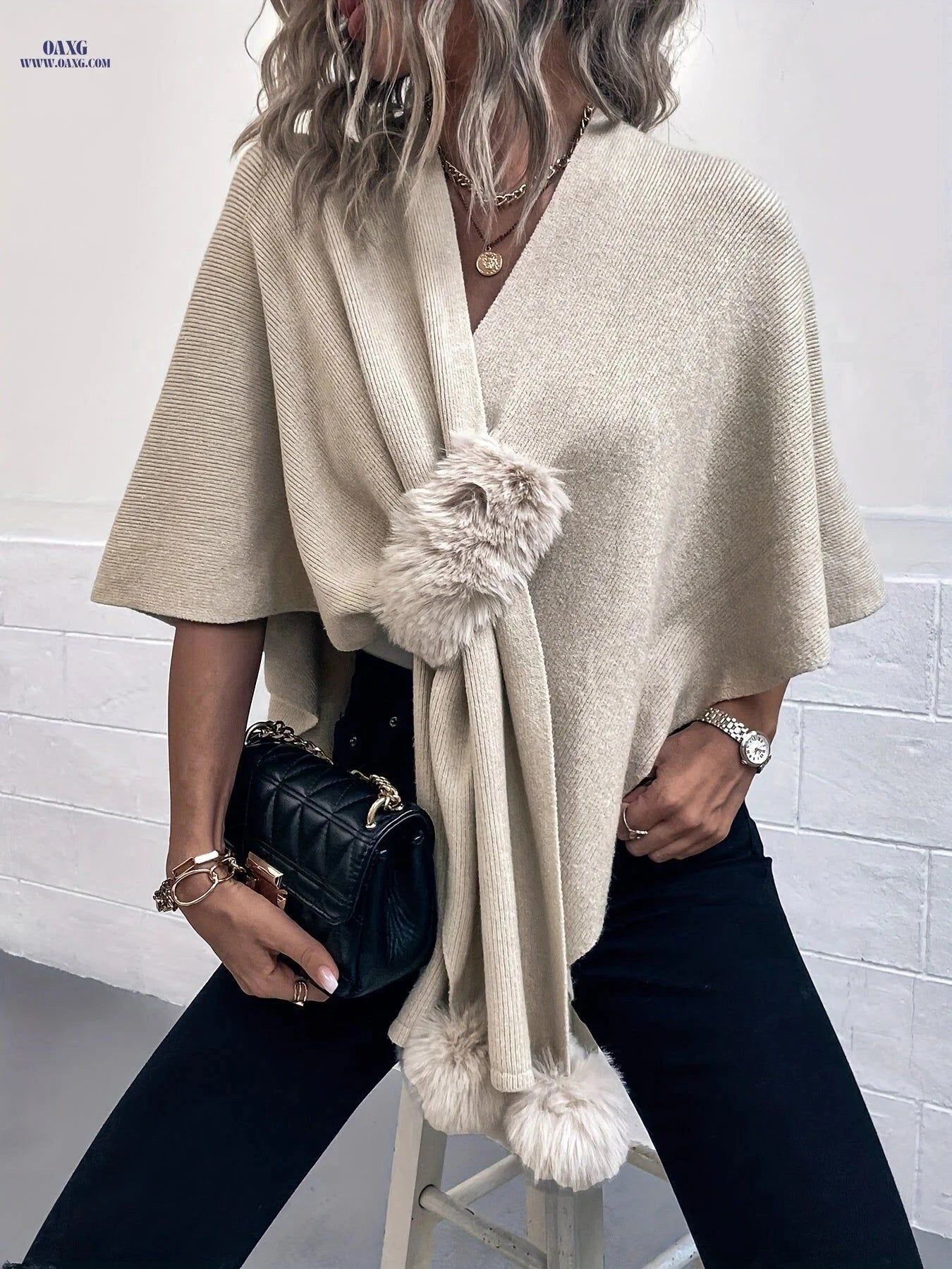 OAXG Irregular Solid Color Cape Sweater - Casual Fall Cardigan   OAXG Apricot / One-size