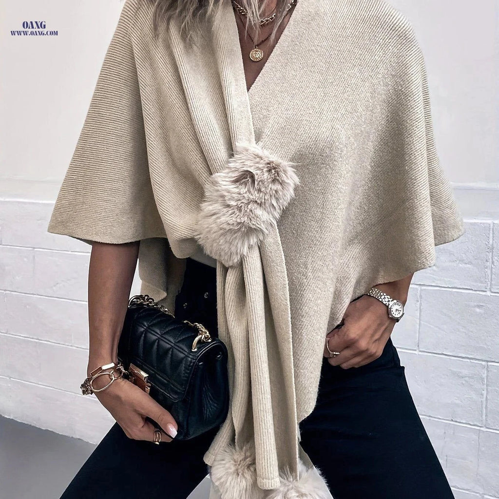 OAXG Irregular Solid Color Cape Sweater - Casual Fall Cardigan   OAXG Apricot / One-size