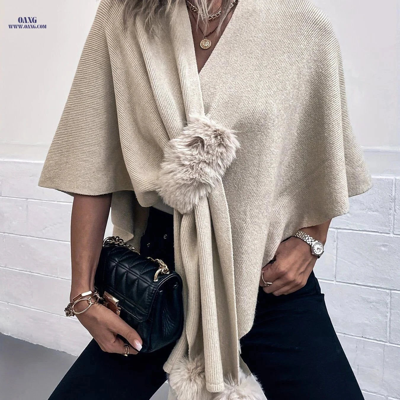 OAXG Irregular Solid Color Cape Sweater - Casual Fall Cardigan   OAXG Apricot / One-size