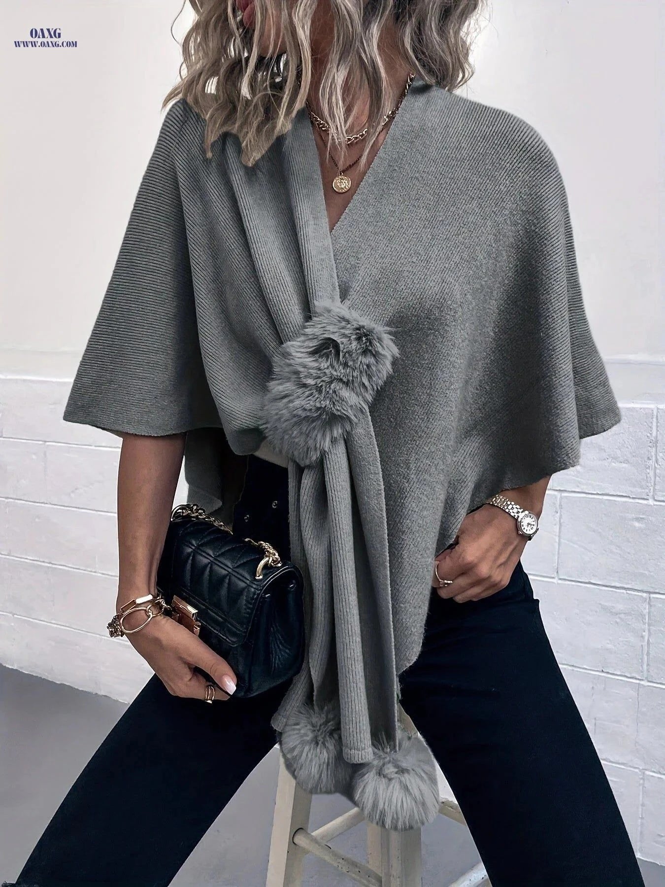 OAXG Irregular Solid Color Cape Sweater - Casual Fall Cardigan   OAXG Apricot / One-size