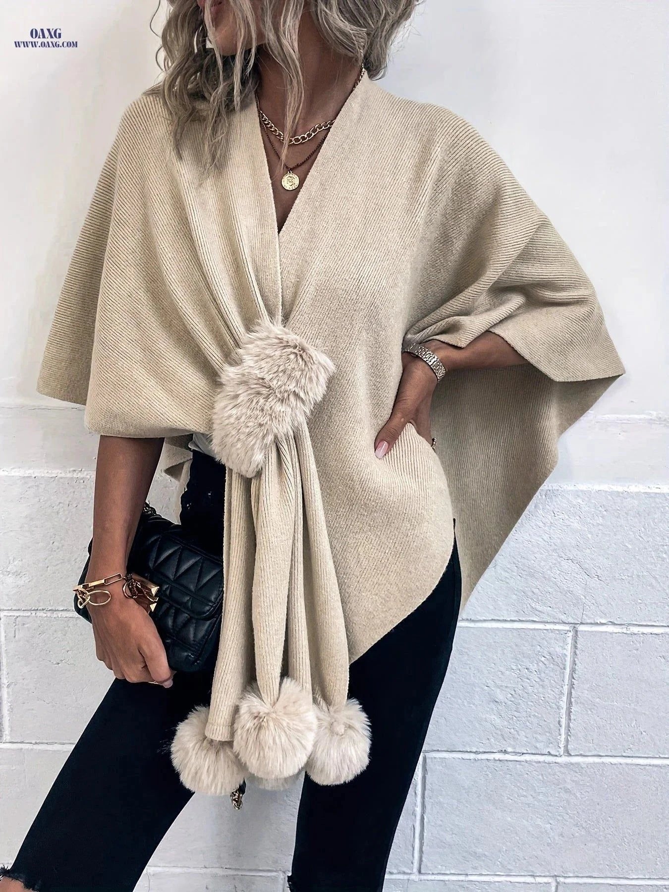 OAXG Irregular Solid Color Cape Sweater - Casual Fall Cardigan   OAXG Apricot / One-size