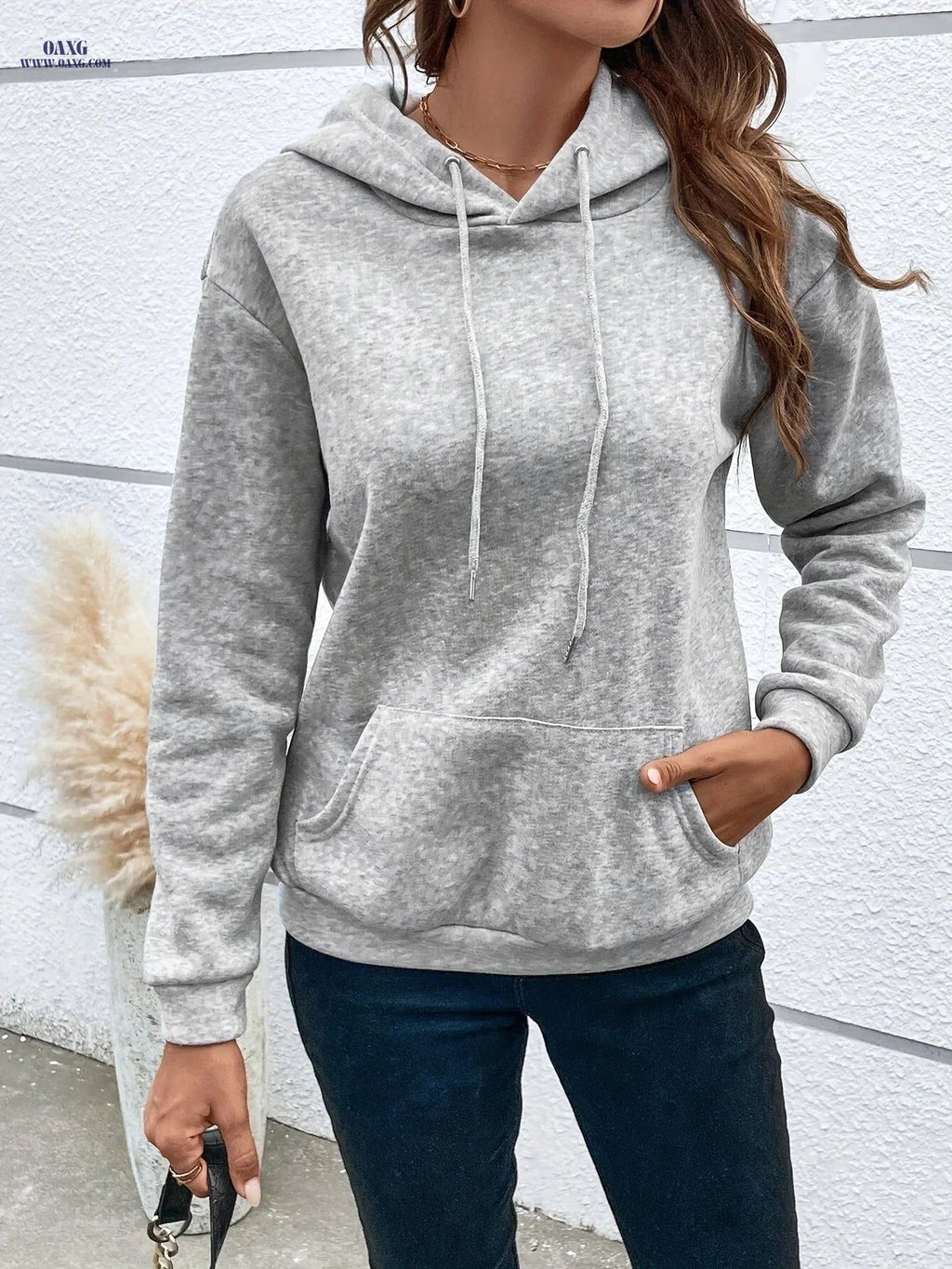 OAXG Kangaroo Pocket Drawstring Hoodie - Casual & Comfortable Style   OAXG Light Grey / S